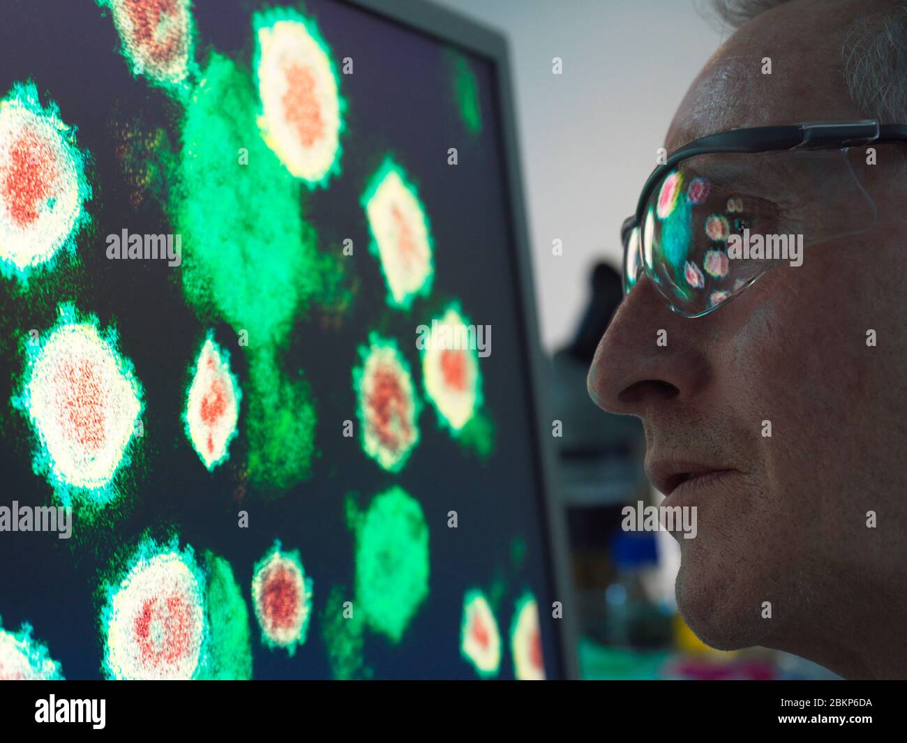 Un scientifique regarde une image du virus à l'aide d'un microscope électronique en laboratoire. Banque D'Images