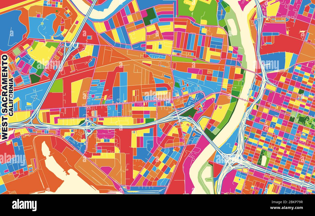 Carte vectorielle colorée de West Sacramento, Californie, États-Unis d'Amérique. Modèle de carte art pour l'impression automatique d'illustrations murales au format paysage. Illustration de Vecteur
