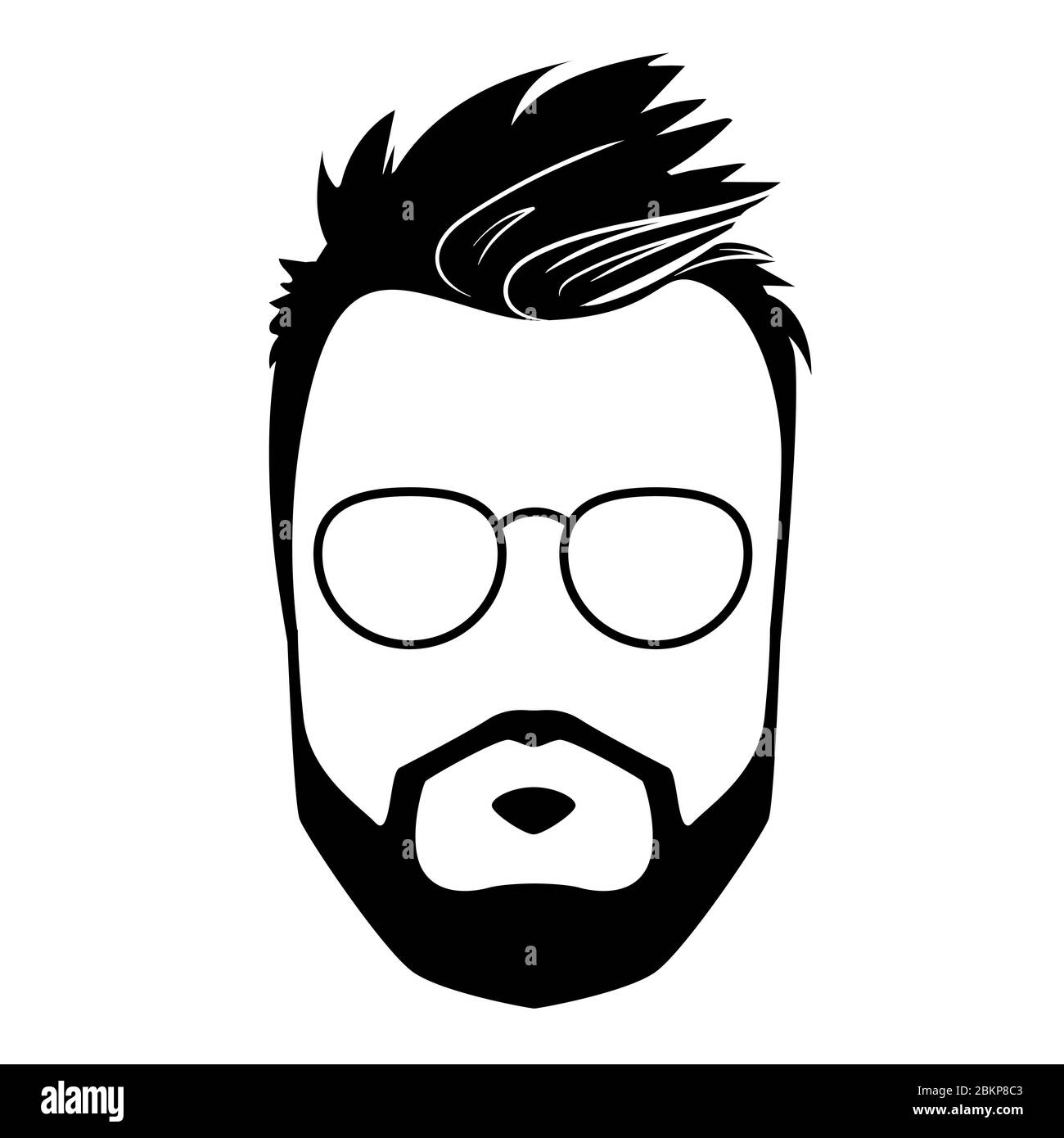 Icône plate élégante avec visage barbe homme et silhouette de lunettes. Avatar style taille basse. Illustration vectorielle de coiffure créative. Logo noir barbier masculin isolé sur fond blanc. Symbole de personnage Guy. Illustration de Vecteur