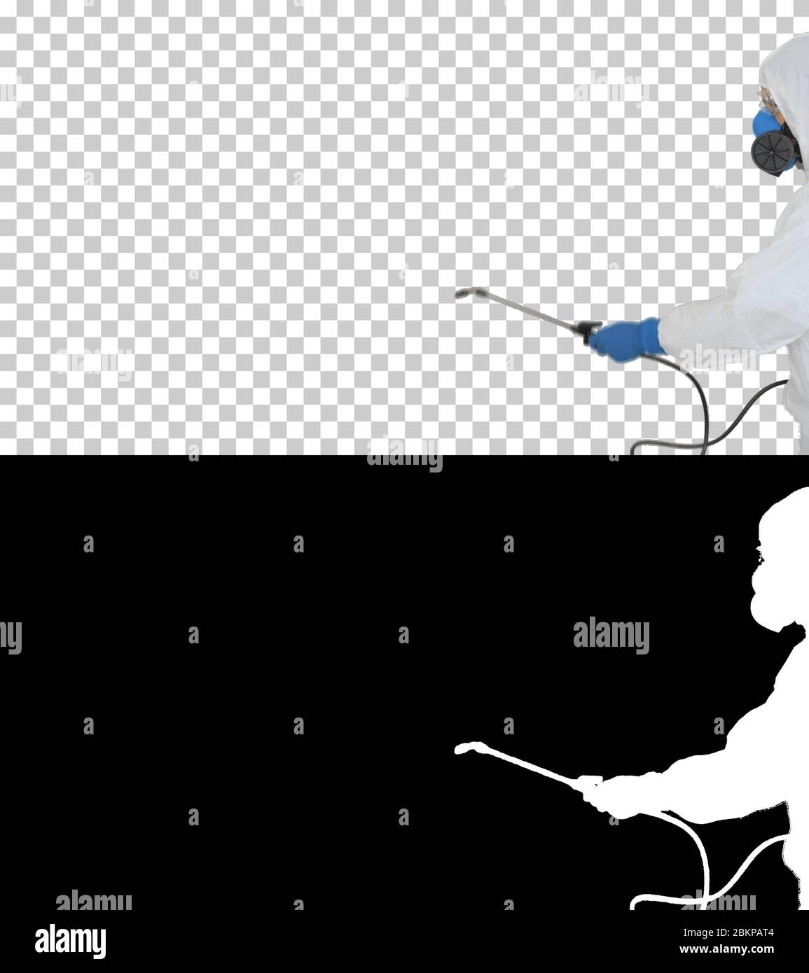 Désinfectant travailleur en combinaison de protection faisant la désinfection, Alpha Channel Banque D'Images