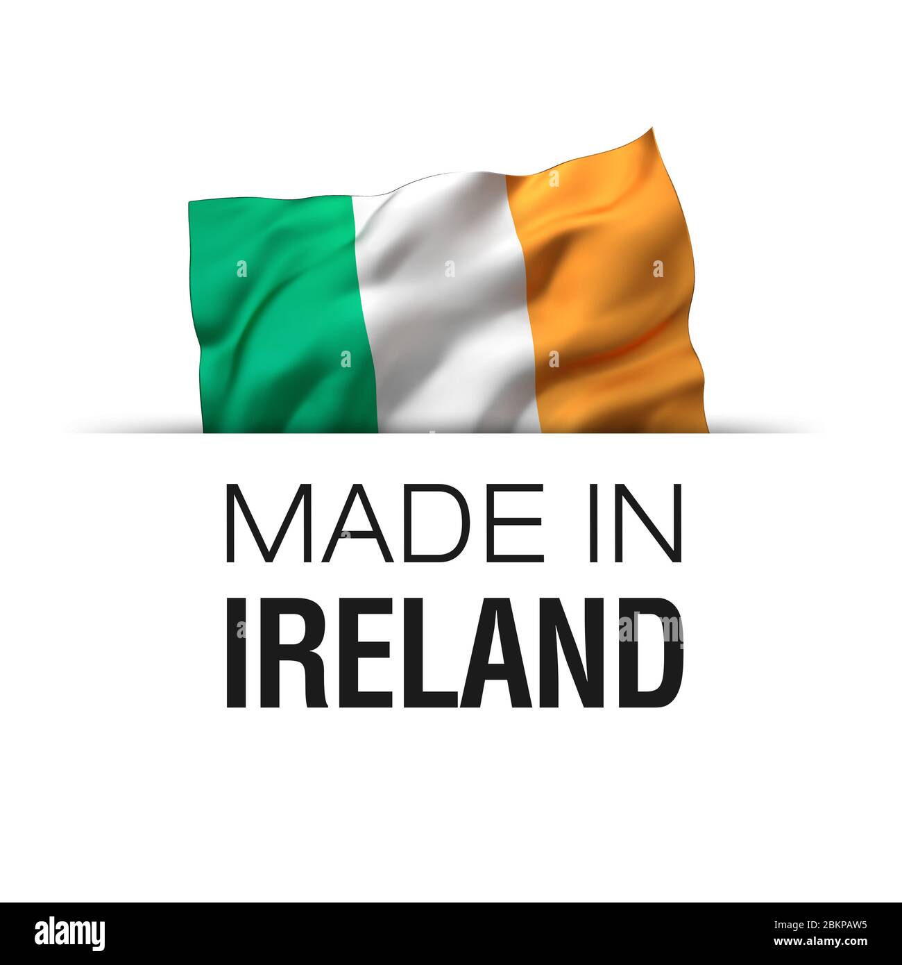 Fabriqué en Irlande - étiquette de garantie avec un drapeau irlandais. Illustration 3D. Banque D'Images
