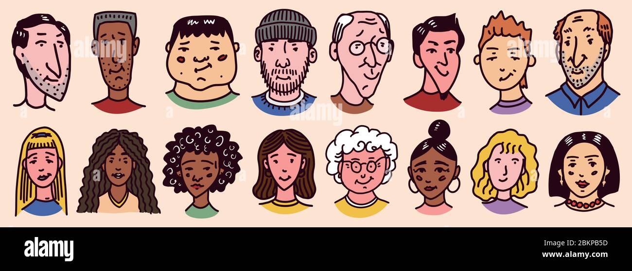 Visages divers des gens. Jeu de caractères. Collection d'avatars humains. Des émotions heureuses. Portrait avec une expression faciale positive. Hommes et femmes Illustration de Vecteur
