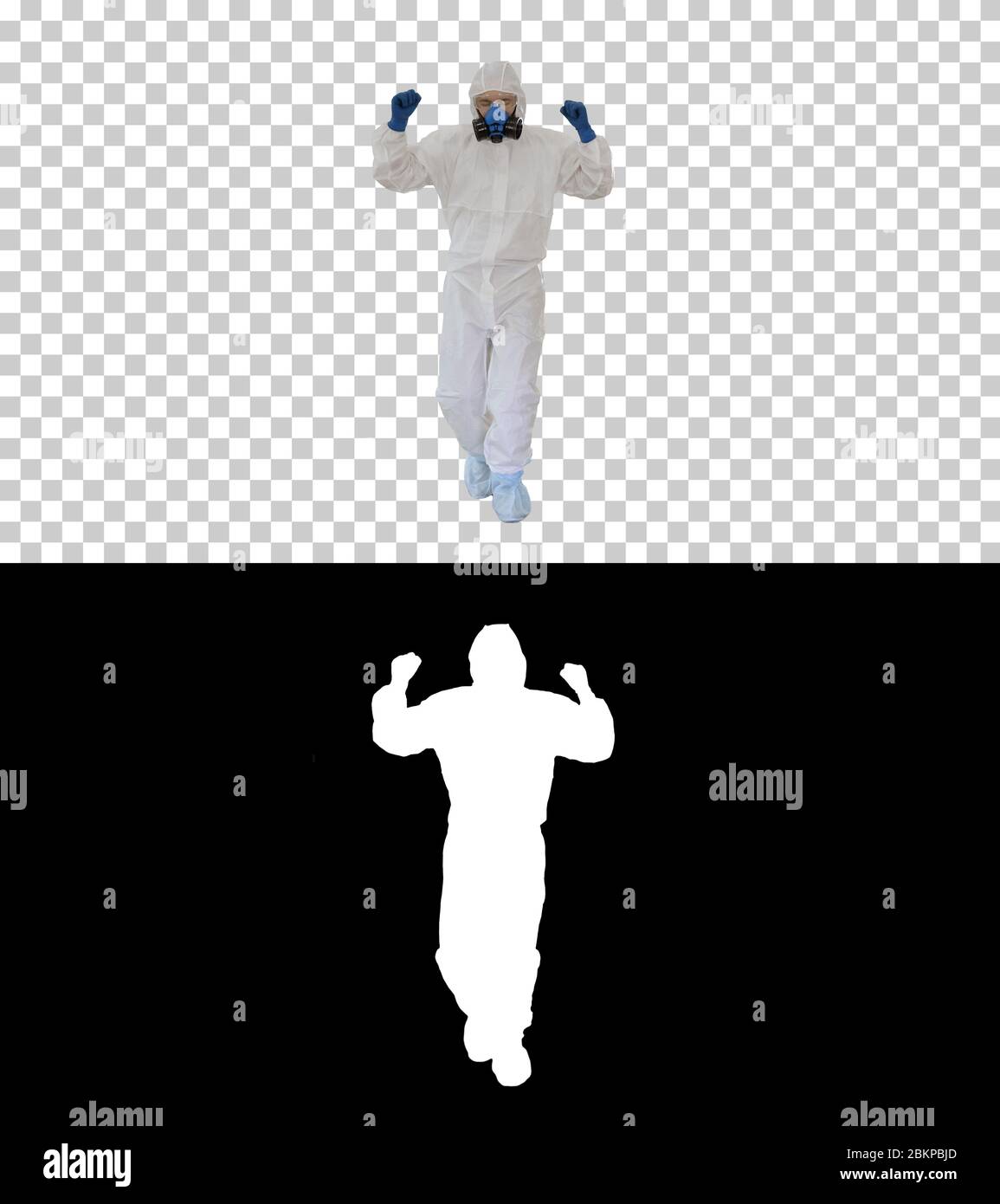 Homme en costume de hazamat marche et danse Covid-19 concept, Alpha Channel Banque D'Images