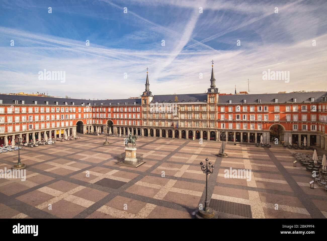 Madrid Espagne, vue aérienne ville horizon à la Plaza Mayor vide personne Banque D'Images