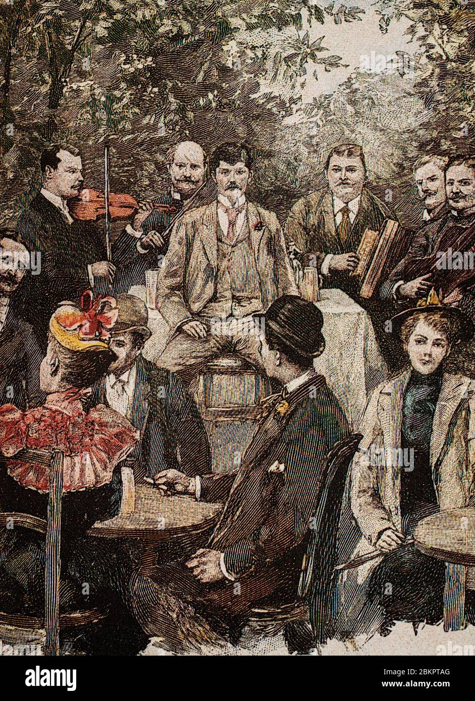 Les personnes qui s'assoyent devant un magasin de vins en plein air à Grinzing, Vienne, Autriche. D'un Xylographe par H. Lefler vers 1910. Banque D'Images