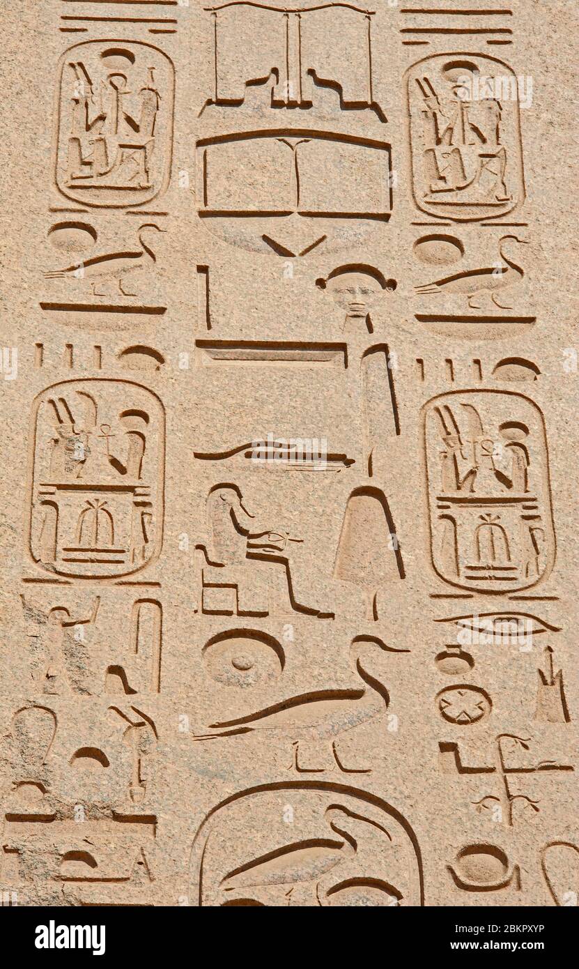 Sculptures Hieroglypic sur mur à l'ancien temple égyptien de Karnak à Louxor Banque D'Images