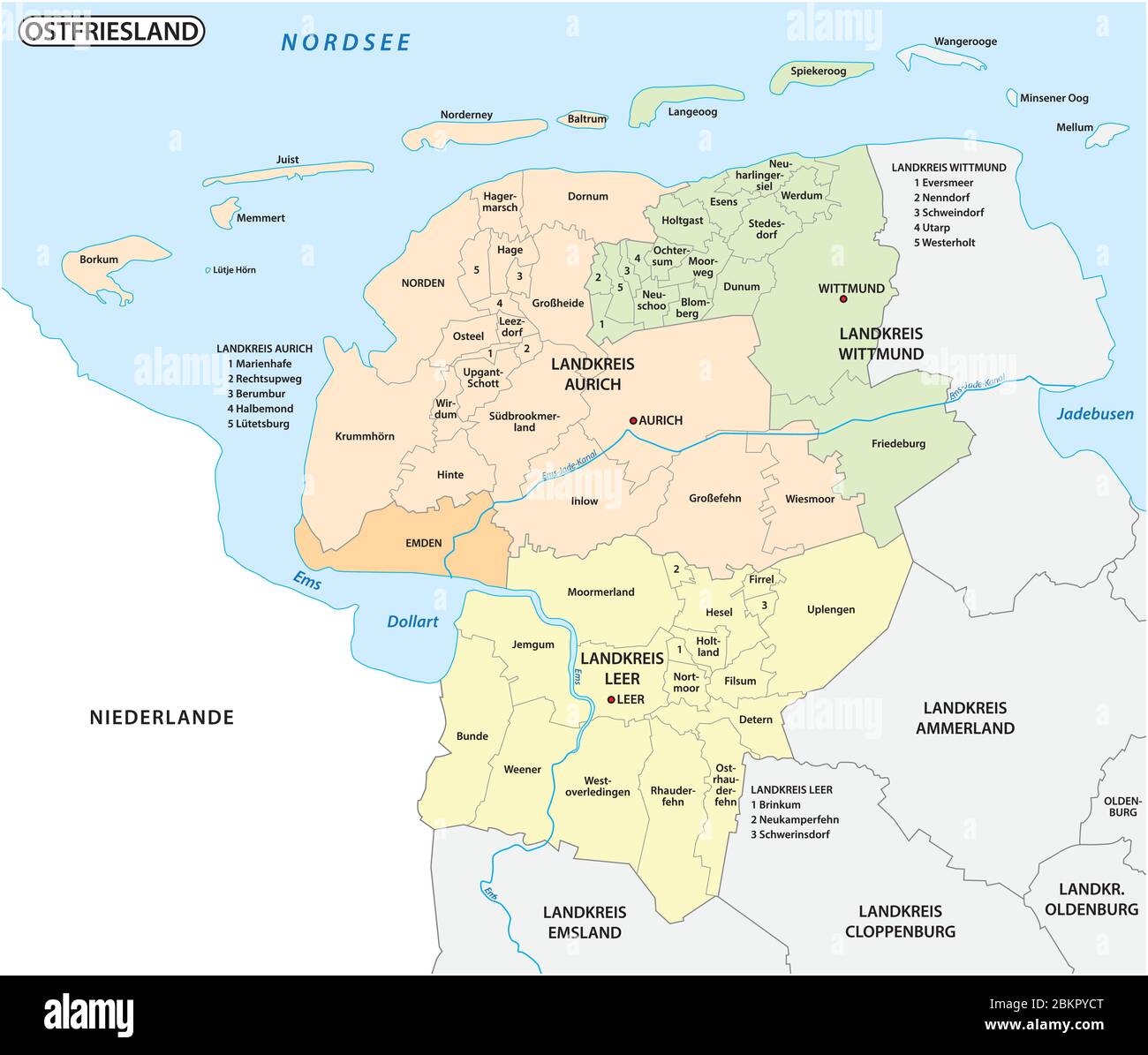 Carte administrative et politique de la région de Basse-Saxe de la Frise orientale, Allemagne Illustration de Vecteur