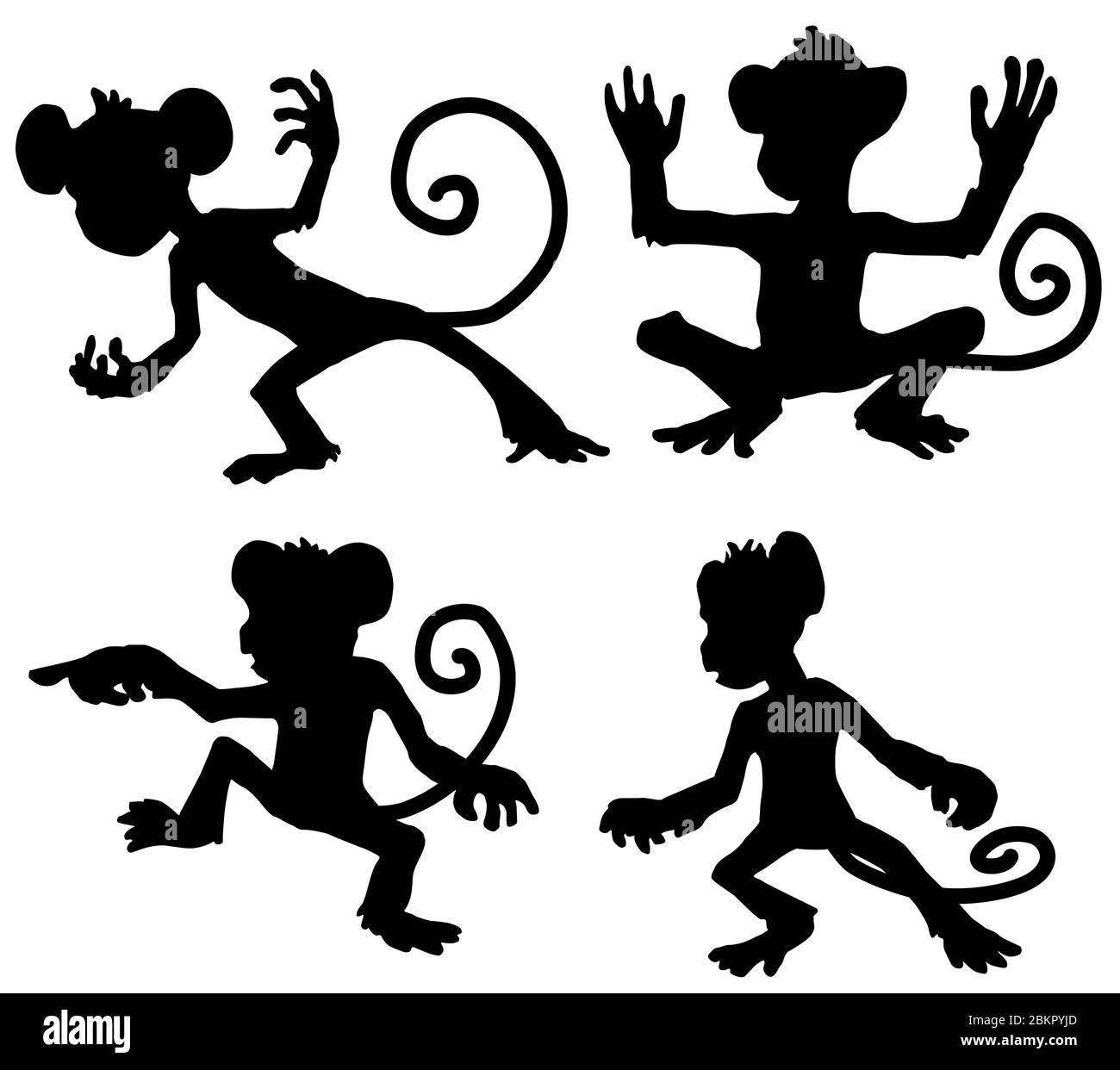 Monkey déplace le personnage de dessin animé silhouette noire, illustration vectorielle, horizontale, isolée, sur blanc Illustration de Vecteur