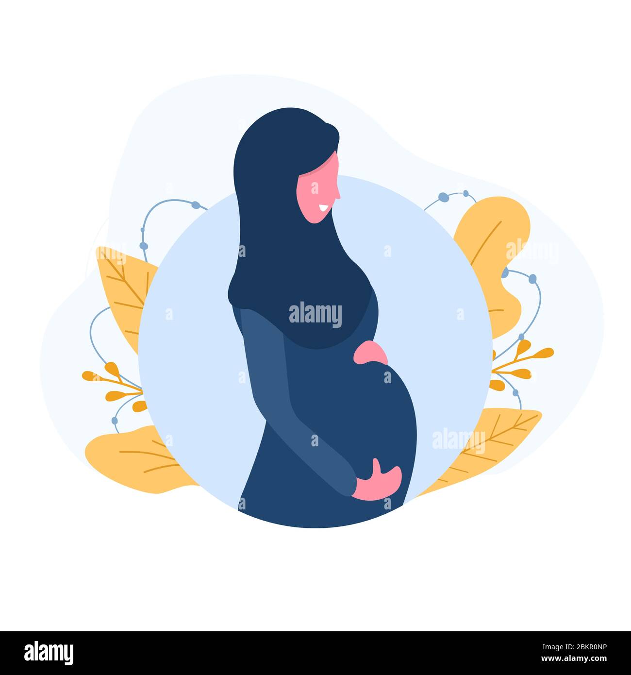 Femme enceinte musulmane portant l'abaya et le hijab bleu. Illustration vectorielle moderne de style plat isolée sur fond blanc. Illustration de Vecteur