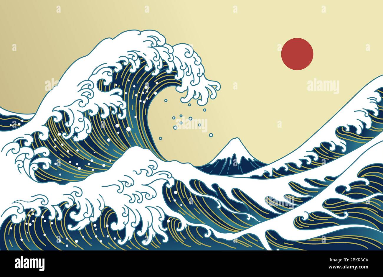 Grande vague asiatique, soleil rouge et illustration de la montagne. Tons dorés. Océan de Kanagawa. Illustration de Vecteur