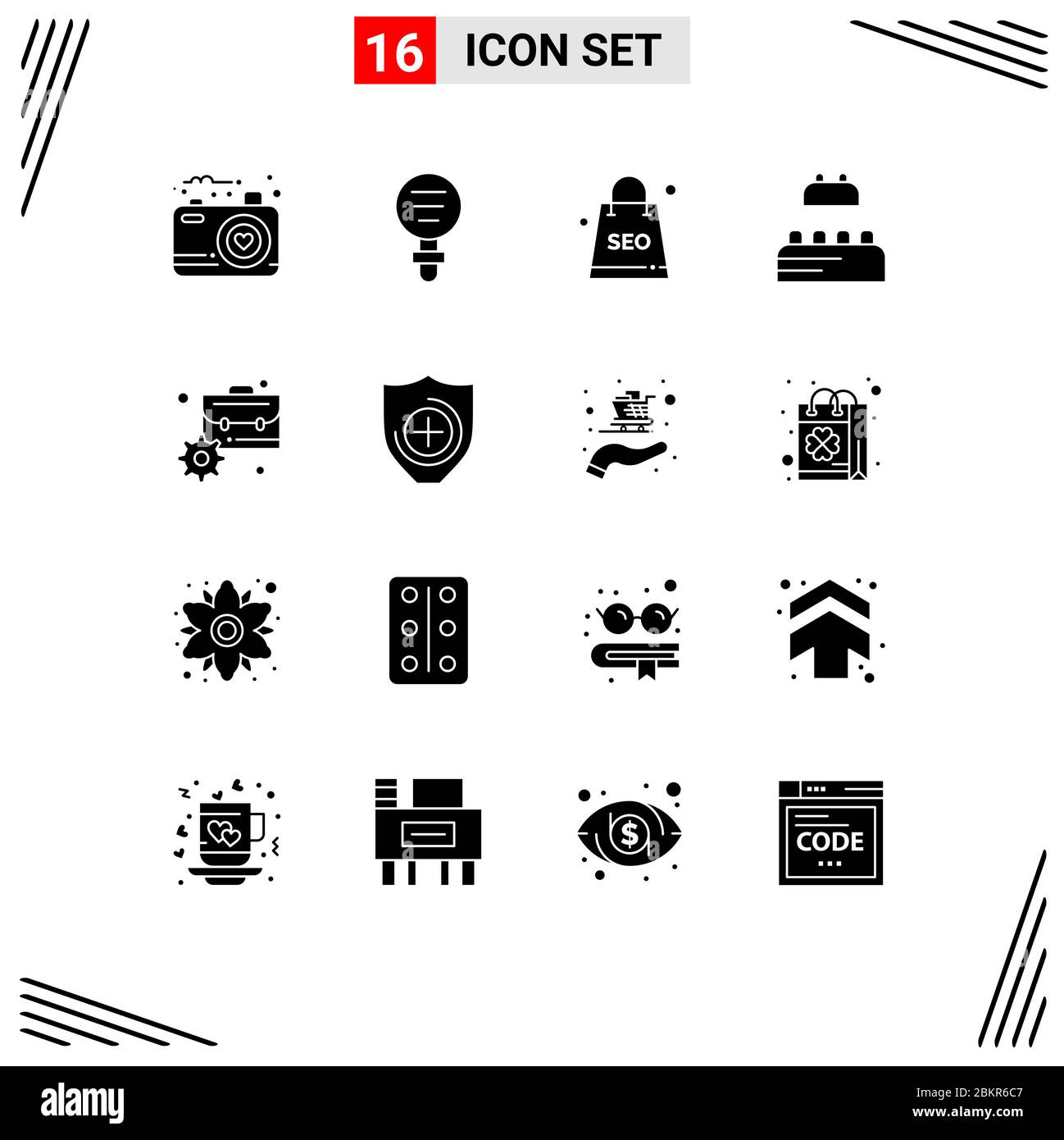 Solid Glyph Pack de 16 symboles universels d'entreprise, lego, recherche, constructeur, seo package éléments de conception vectorielle modifiables Illustration de Vecteur