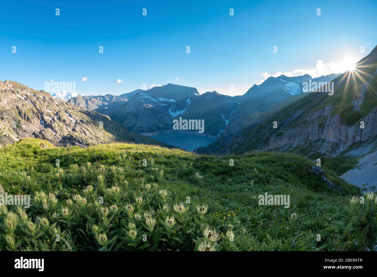 Suisse, Valais, Lac d'Emosson, Col de Barberine, derniers rayons de soleil au Col de Barberine (2482m) Banque D'Images