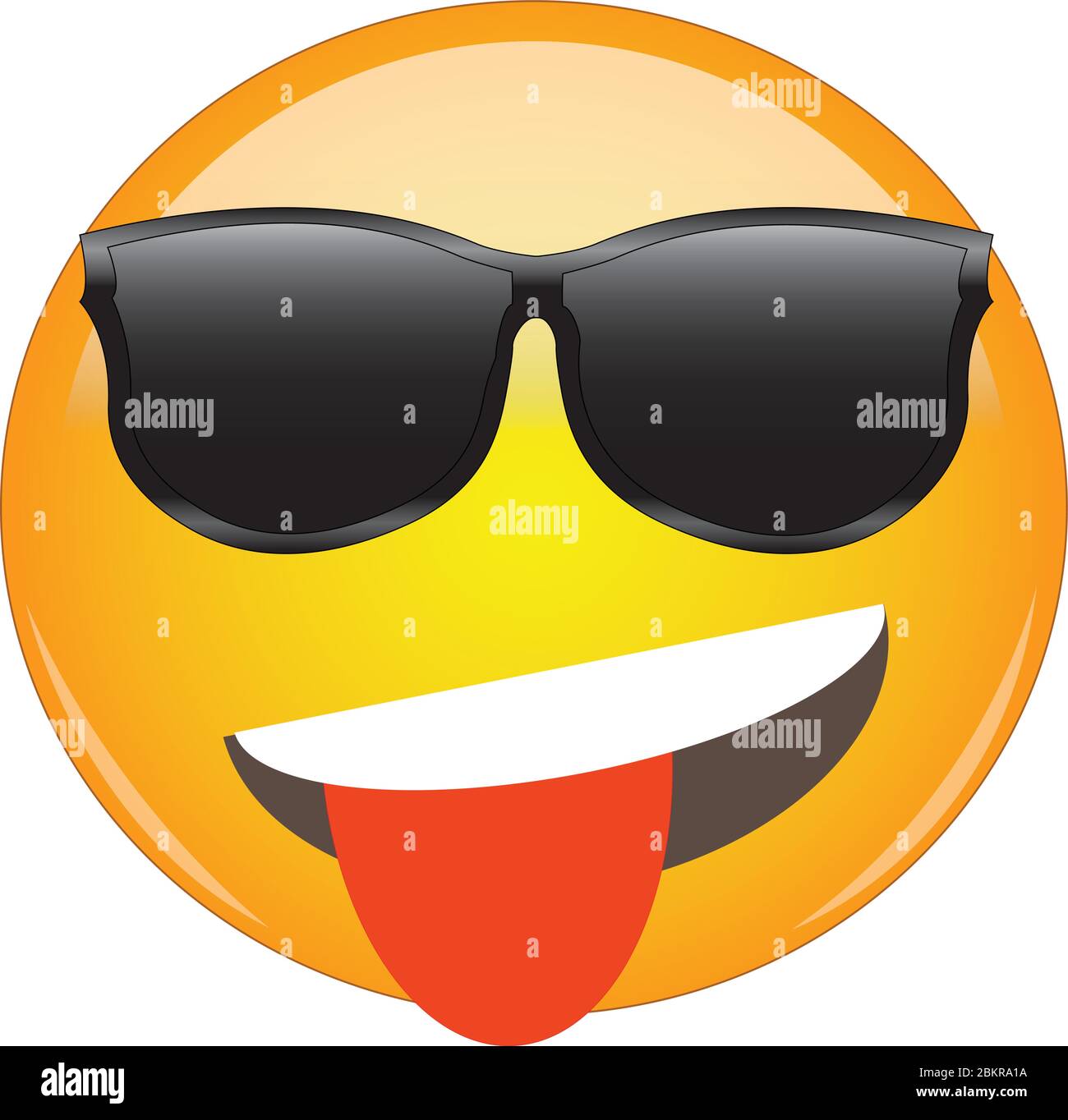 Emoji jaune ludique et frais avec la langue et des lunettes de soleil.  Émoticone visage frais portant des lunettes de soleil, avec un grand  sourire et une langue qui colle. Par ex