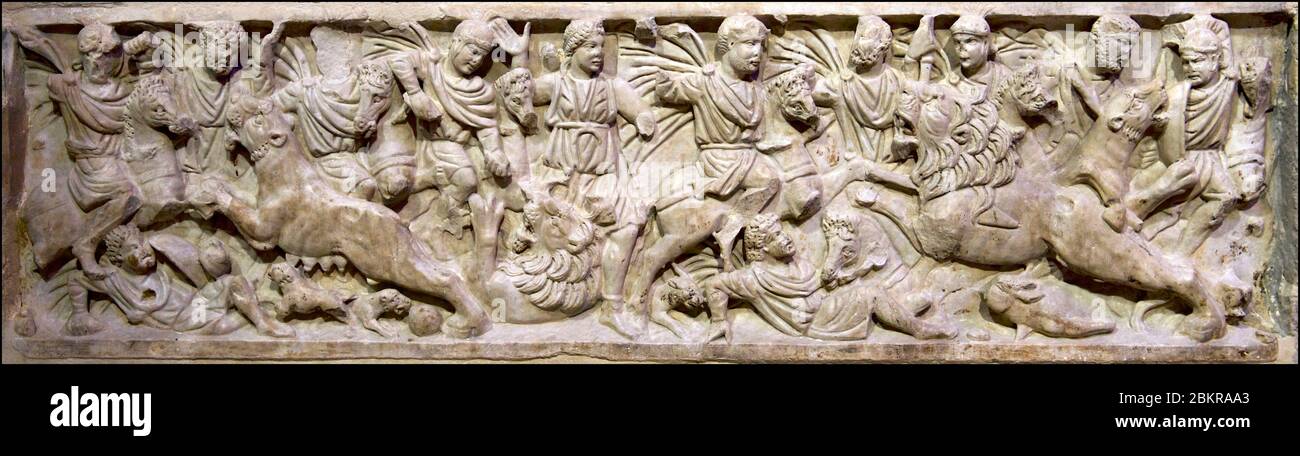 Espagne, Catalogne, Costa Brava, Gérone, Sant Feliu (St. Felix) Église, sarcophage, la chasse au lion Banque D'Images