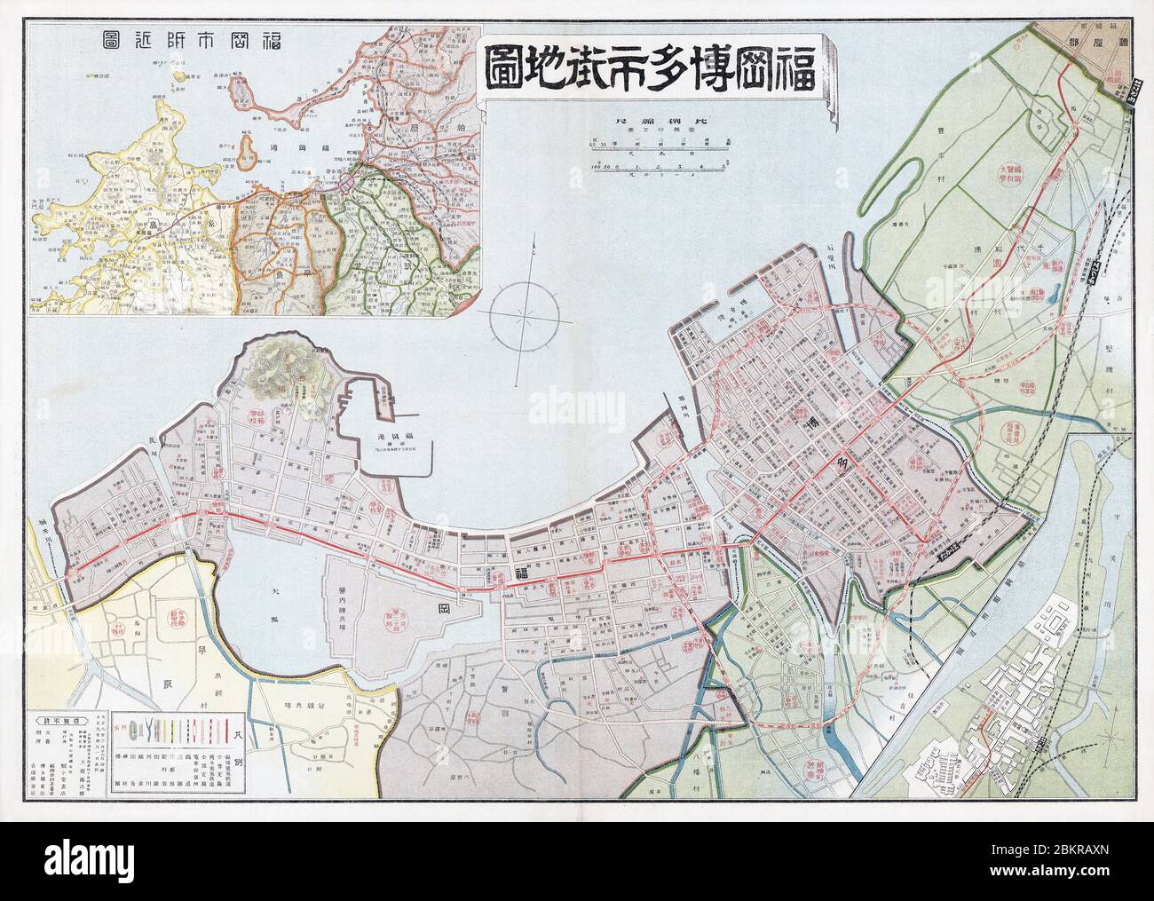 [ années 1920 Japon - carte de Fukuoka, 1920 ] — carte de la ville de Fukuoka Hakata, imprimée le 16 mars 1920 (Taisho 9). Comprend les lignes de tramway, les gares et les noms de machi. carte du xxe siècle. Banque D'Images