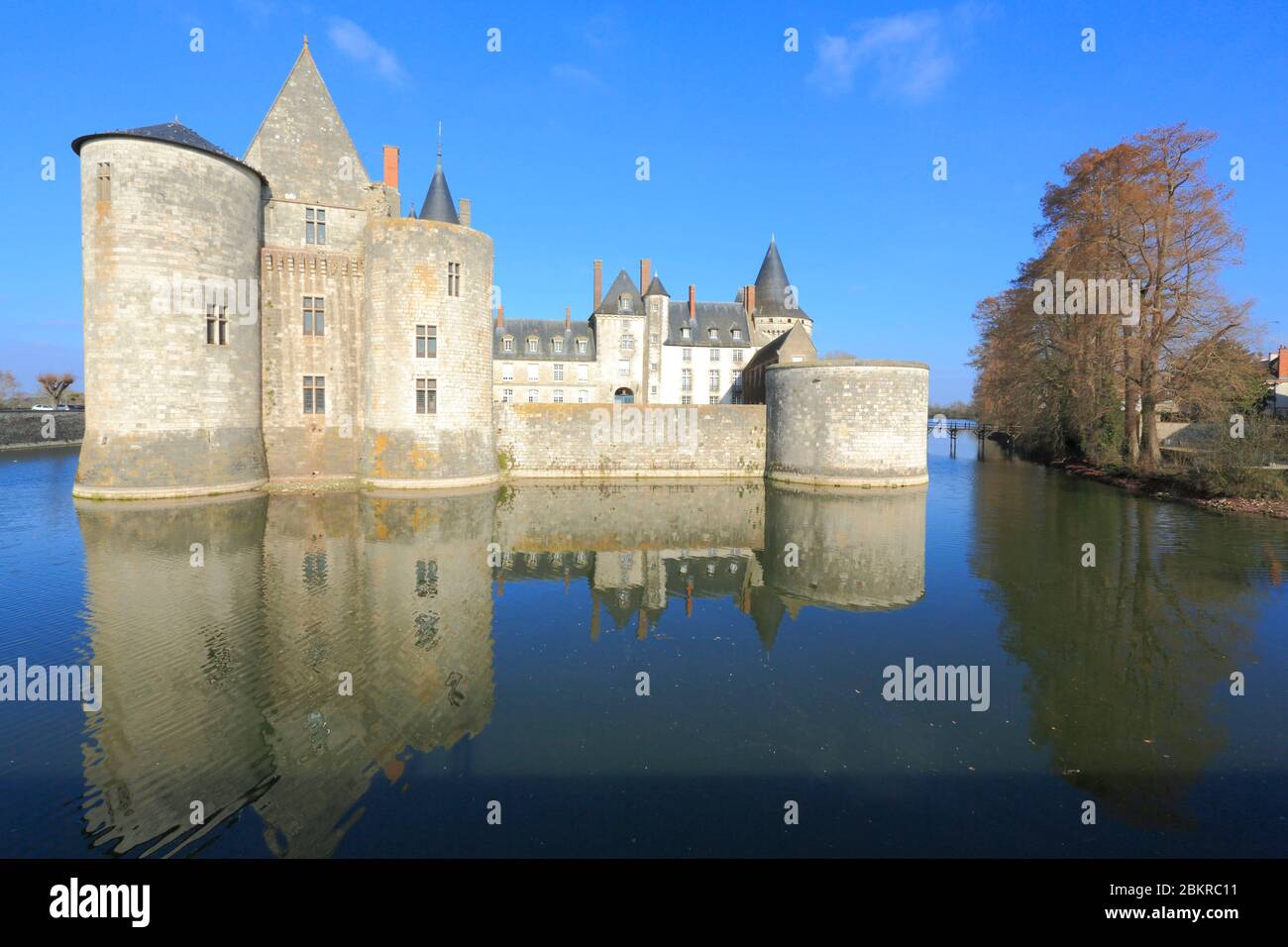 France, Loiret, Sully sur Loire (commune située dans le périmètre de la vallée de la Loire classée au patrimoine mondial de l'UNESCO), château (XIVe-XVIIIe siècle) de style Renaissance et ses douves Banque D'Images