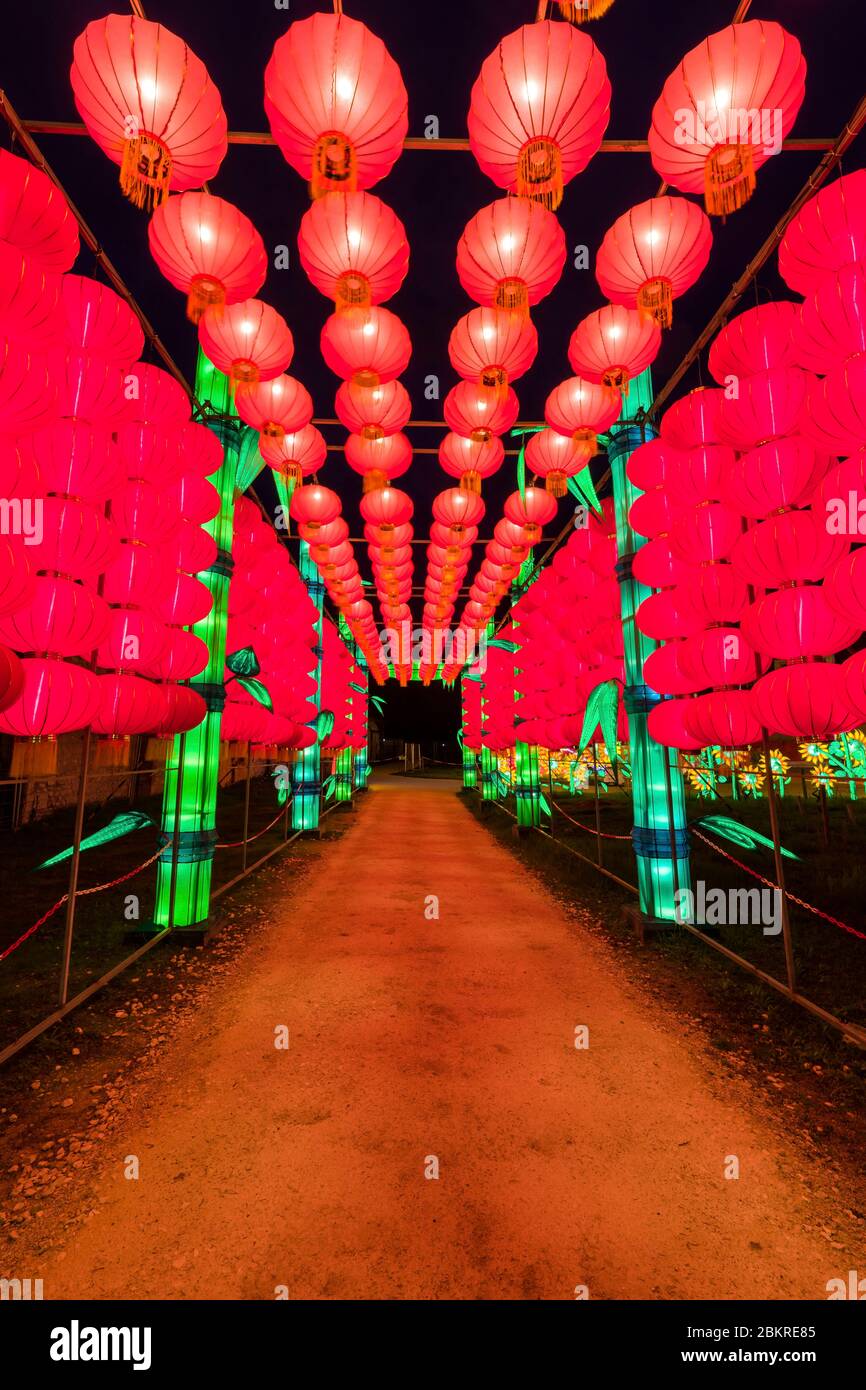 France, Loir-et-cher, château de selles-sur-cher, festival des lumières  célestes, festival des lanternes chinoises), Qilin, animaux mythiques,  demi-dragon, demi-lion et temple du ciel le festival célèbre la culture  chinoise originaire de la dynastie