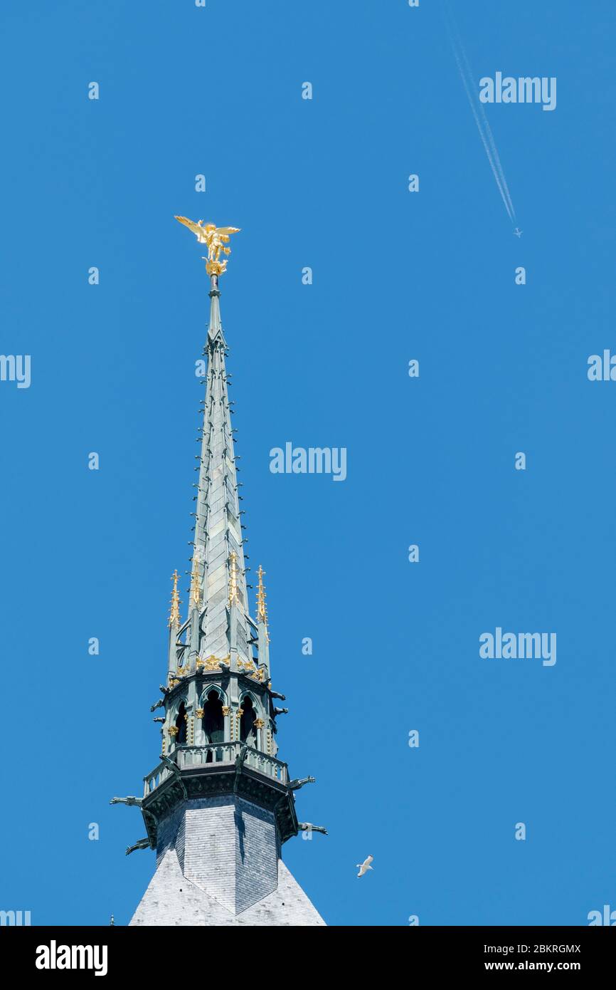 France, Manche, le Mont-Saint-Michel, Haut de l'église abbatiale avec l'Archange Saint Michel Banque D'Images