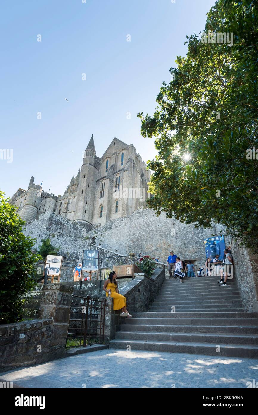 France, Manche, le Mont-Saint-Michel, escalier menant à l'abbaye Banque D'Images