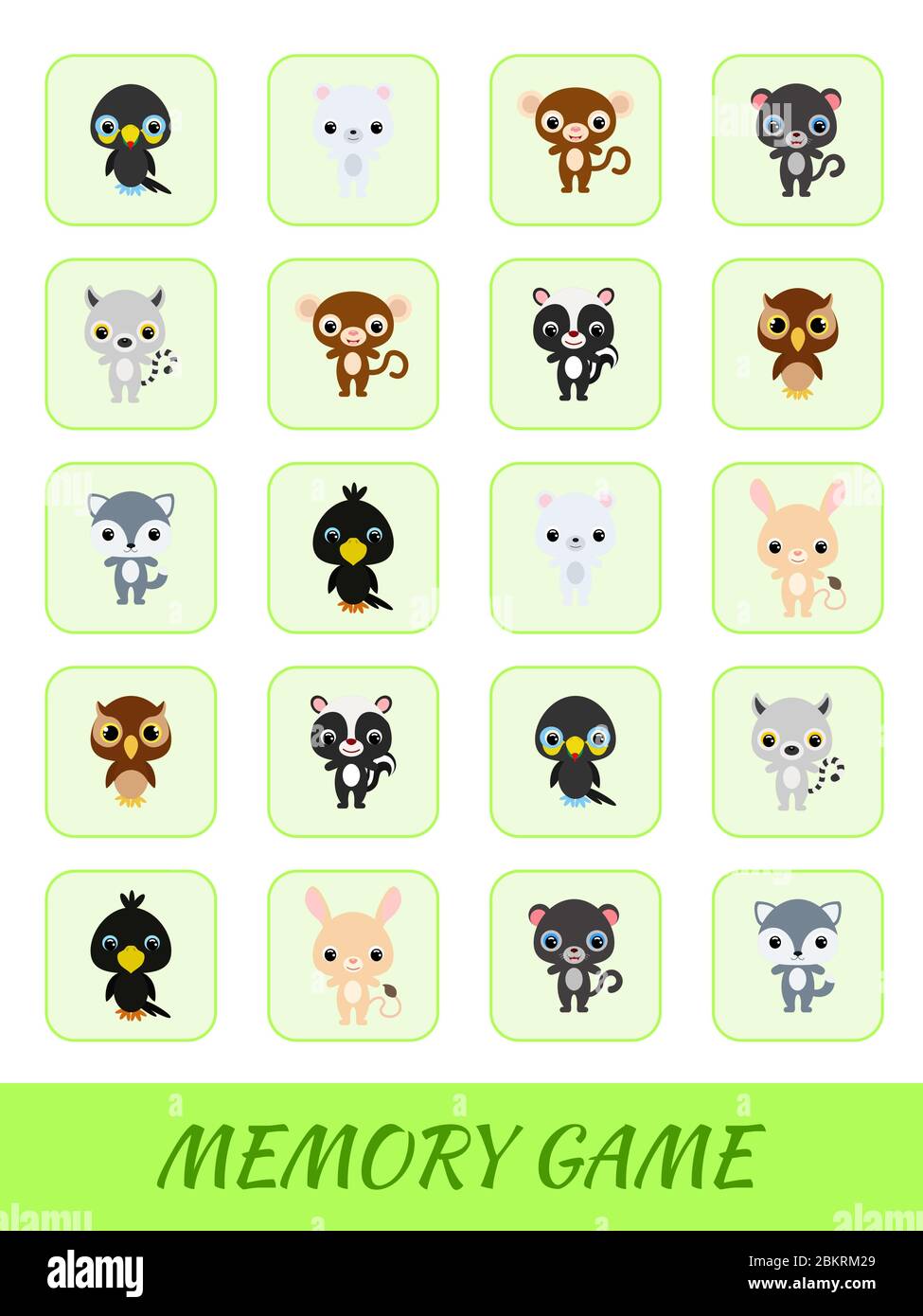 Les cartes clipart modèle de jeu trouver deux mêmes images. Jeu de mémoire pour les enfants. Feuille de travail développement de l'éducation. Formation à la pensée logique. Illustration de Vecteur