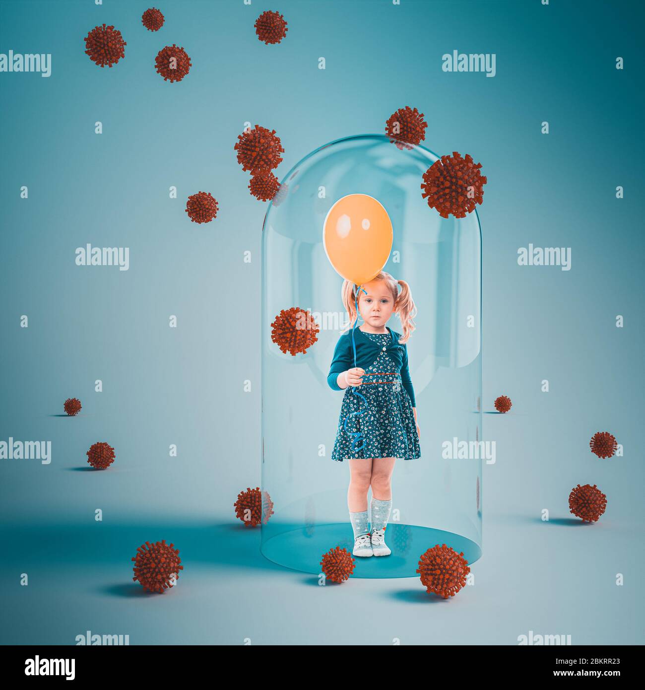 petite fille avec des ballons dans sa main protégés par une cloche en verre et entourés de virus représentant le coronavirus covid 19. concept de prévention Banque D'Images