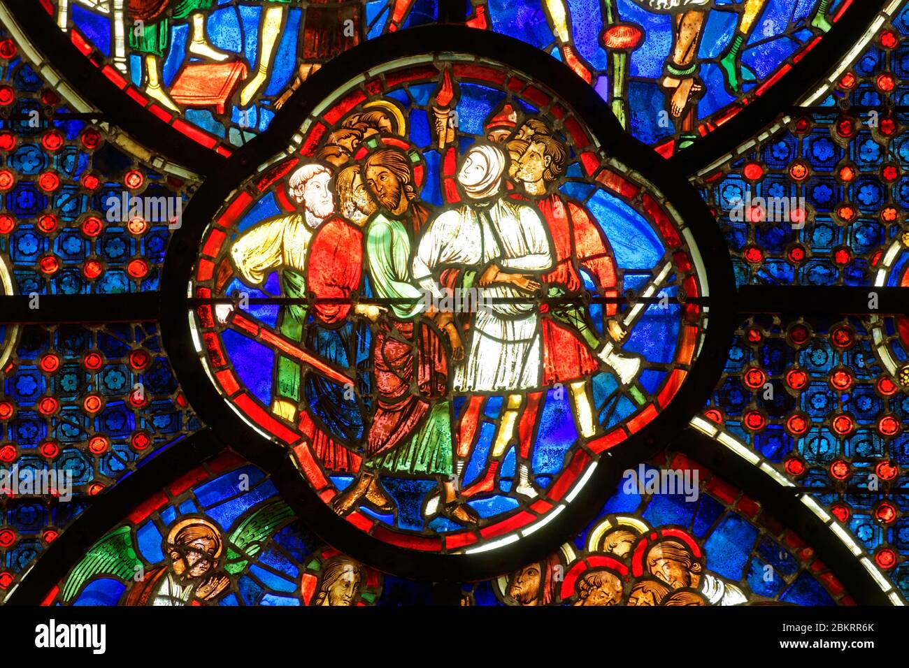 France, Aisne, Laon, la haute ville, cathédrale notre-Dame de Laon, architecture gothique, vitraux, arrestation de Jésus Banque D'Images