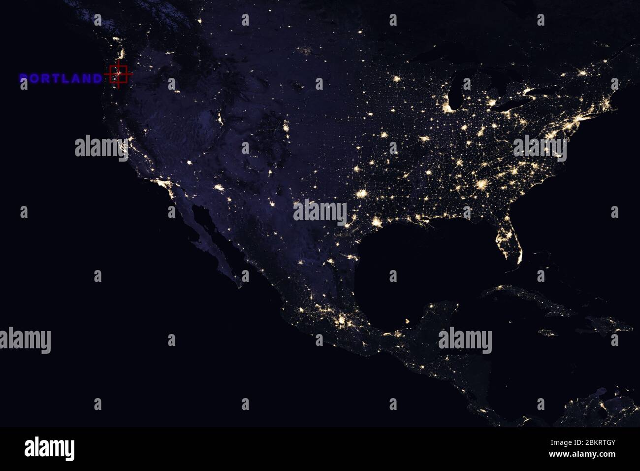 Composition de carte haute résolution des Etats-Unis la nuit en pointant vers Portland, Oregon - éléments de cette image fournis par la NASA Banque D'Images Composition de carte haute résolution des Etats-Unis la nuit en pointant vers Portland, Oregon - éléments de cette image fournis par la NASA Banque D'Images