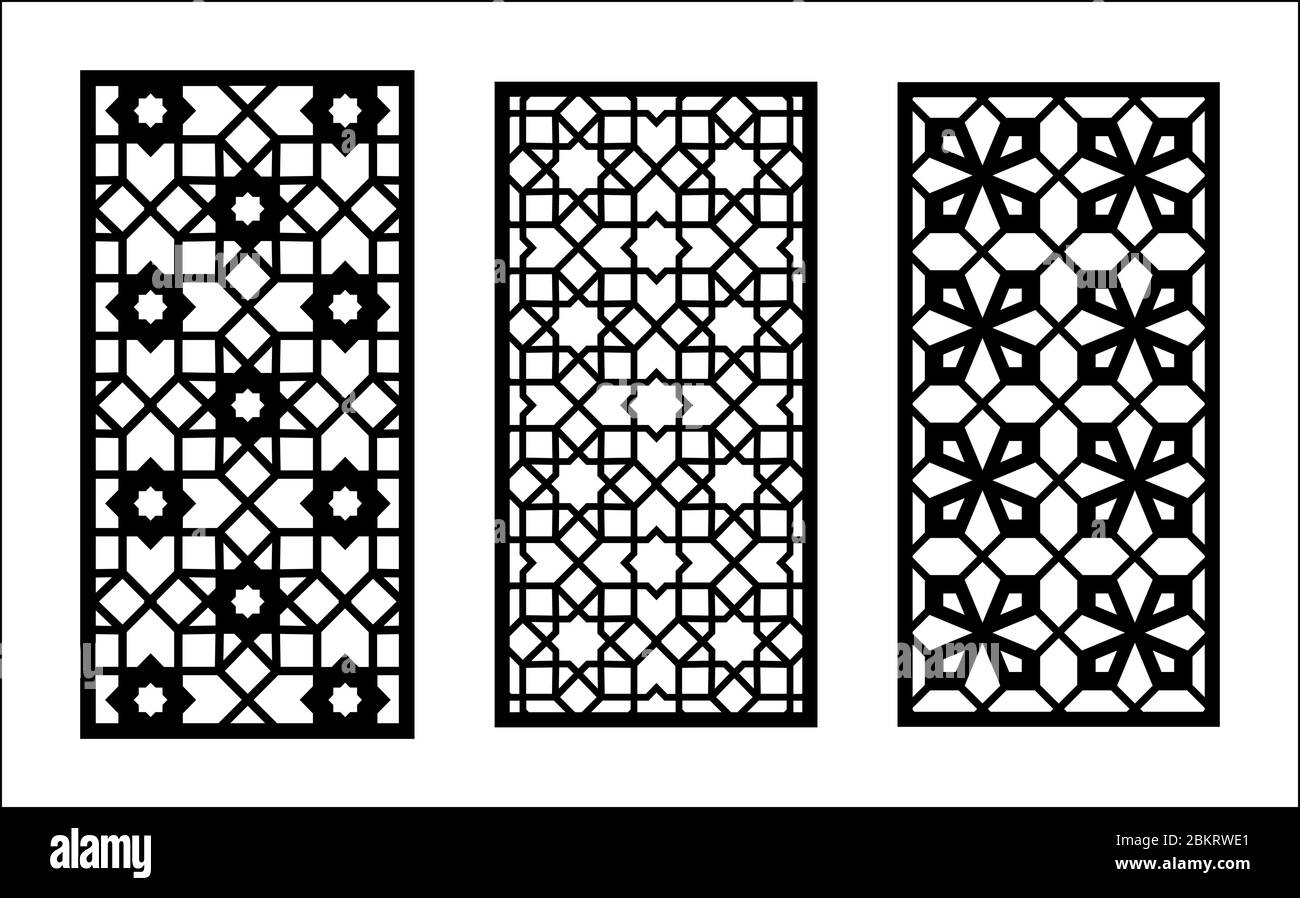 Motif laser islamique. Jeu de panneaux vectoriels décoratifs pour la découpe au laser. Modèle islamique pour cloison intérieure de style arabesque. Illustration de Vecteur