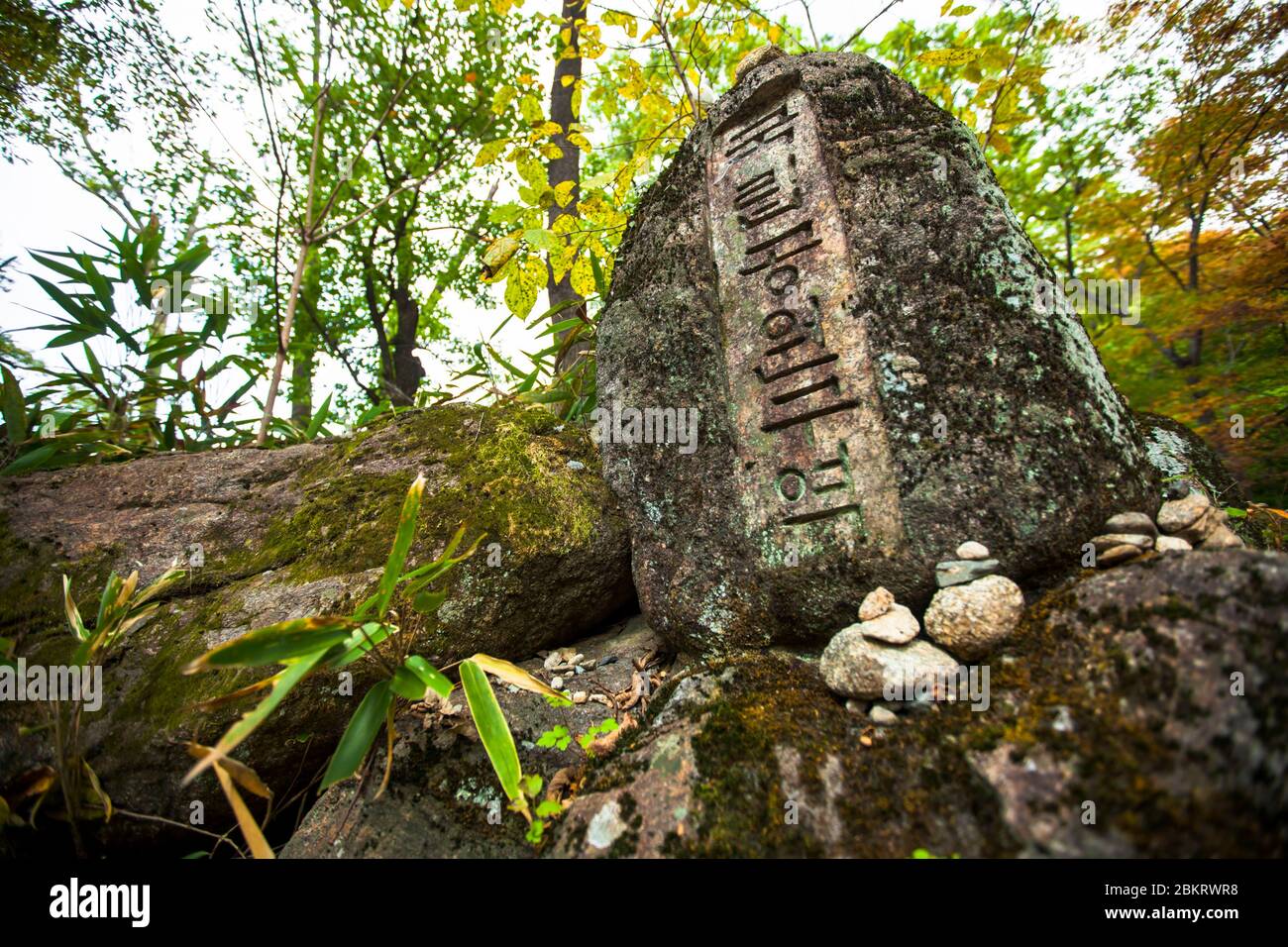 Corée du Sud, province de Gyeongsang Sud, temple Ssanggyesa, roche gravée d'un texte bouddhiste sacré Banque D'Images