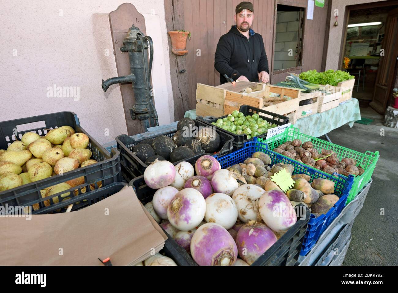 France, territoire de Belfort, Anjoutey, ferme de la Palouse, vente de produits agricoles en court-circuit Banque D'Images