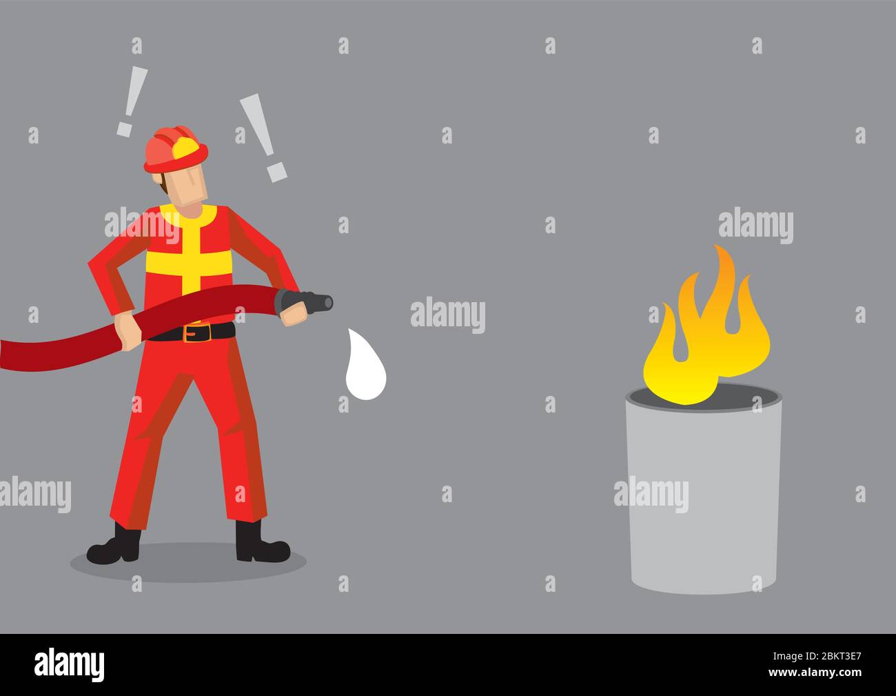 Un pompier de dessin animé debout devant un faux feu, choqué que son tuyau n'ait pas d'eau. Illustration vectorielle créative sur une situation d'échec comique épique Illustration de Vecteur