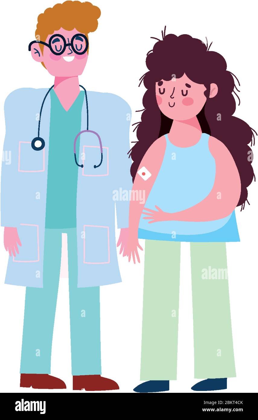 vaccination médicale, médecin et fille patient avec l'aide de bande dans l'illustration du vecteur de bras Illustration de Vecteur