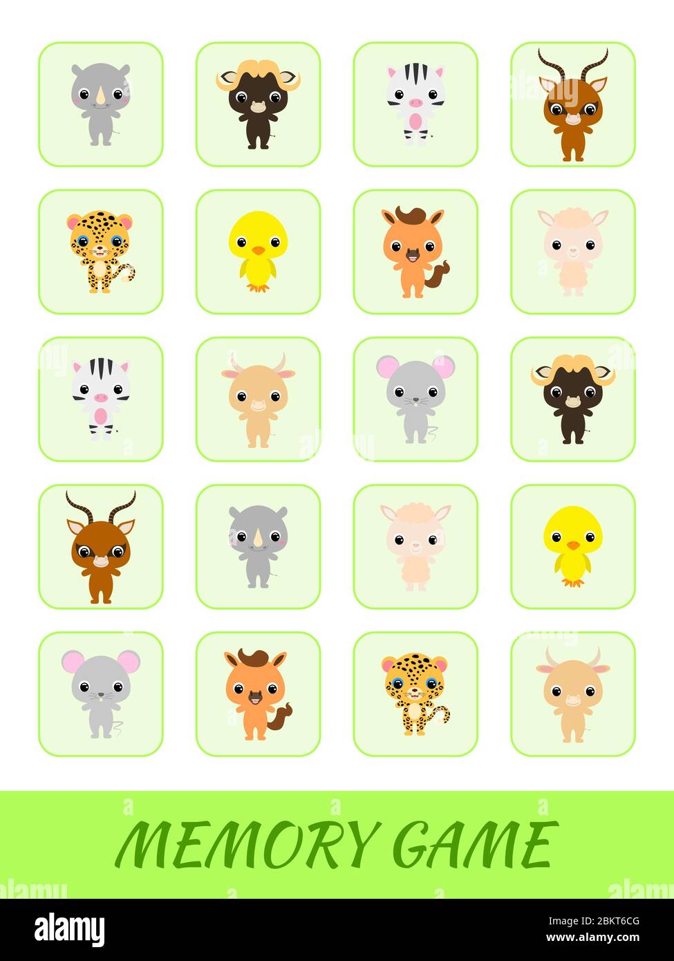 Les cartes clipart modèle de jeu trouver deux mêmes images. Jeu de mémoire pour les enfants. Feuille de travail développement de l'éducation. Formation à la pensée logique. Illustration de Vecteur