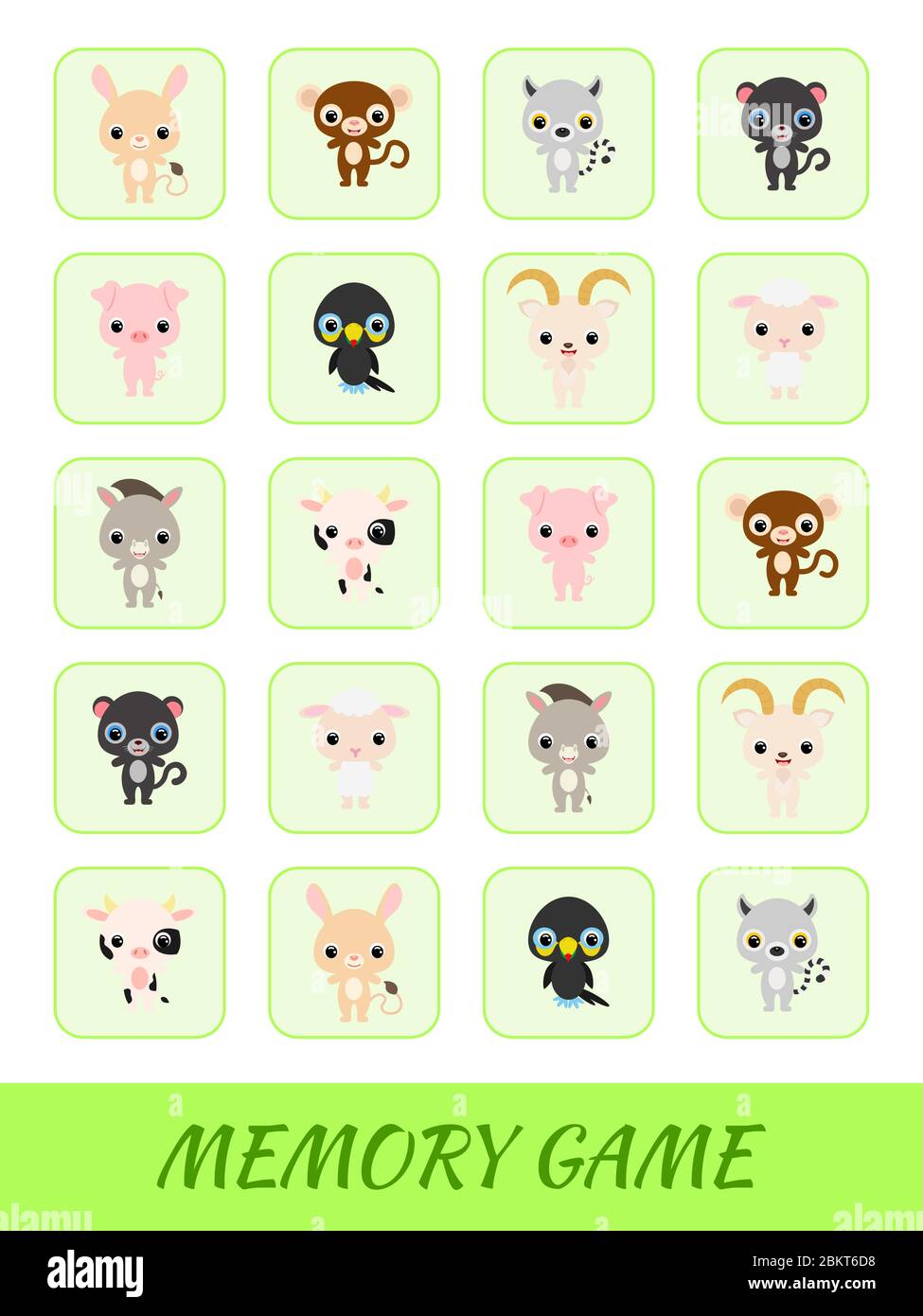 Les cartes clipart modèle de jeu trouver deux mêmes images. Jeu de mémoire pour les enfants. Feuille de travail développement de l'éducation. Formation à la pensée logique. Illustration de Vecteur