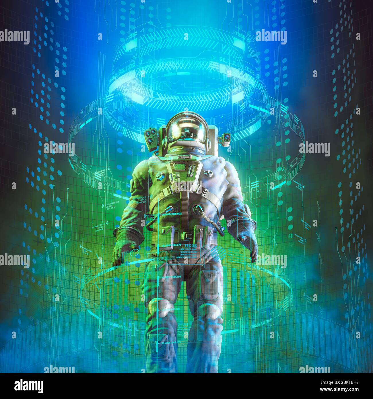 Astronaute de voyage dans le temps / illustration 3D de l'astronaute mâle à l'intérieur d'un appareil de téléportation futuriste Banque D'Images