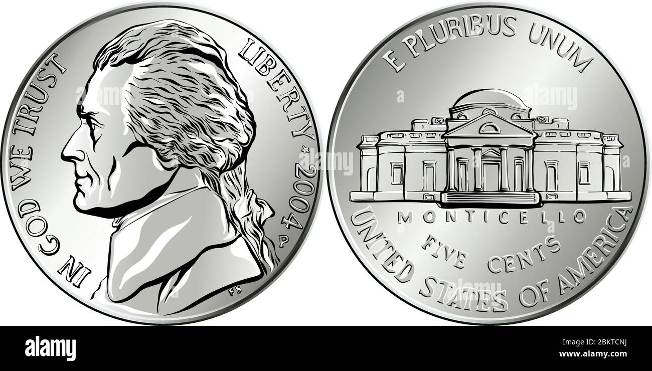 Jefferson nickel, American Money, USA pièce de cinq cents avec le troisième président américain Thomas Jefferson sur l'arrière et sa maison Monticello sur l'arrière Illustration de Vecteur