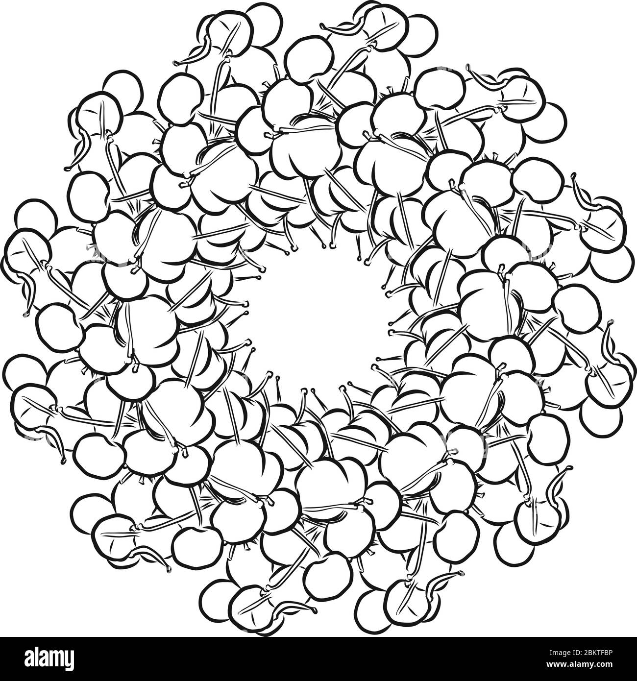 Version de contour des cerises disposées en cercle. Composition ronde sans couture avec fruits dessinés à la main. Illustration vectorielle en blanc Illustration de Vecteur