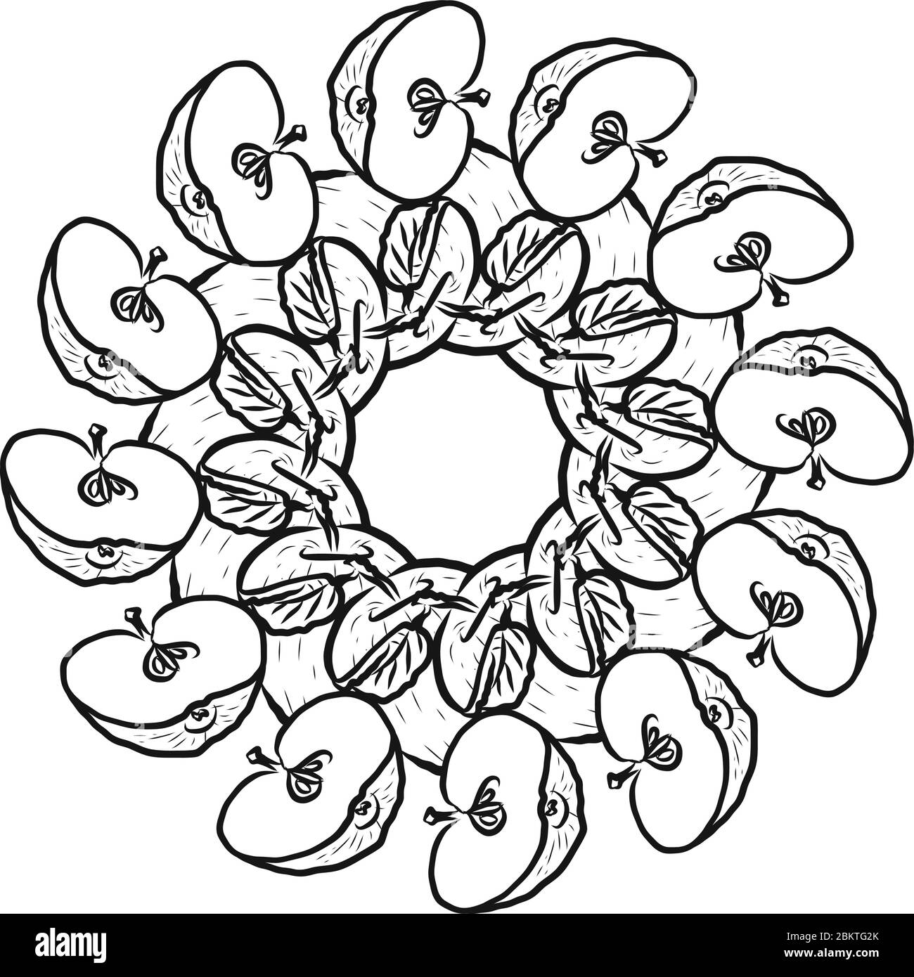 Version de contour des pommes disposées en cercle. Composition ronde sans couture avec fruits dessinés à la main. Illustration vectorielle en blanc Illustration de Vecteur