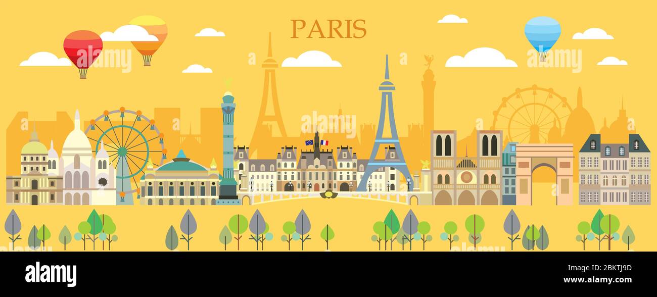 Illustration du voyage à Paris. Design estival coloré avec des monuments parisiens isolés, tourisme français et fond vectoriel de voyage pour l'impression, t-shi Illustration de Vecteur