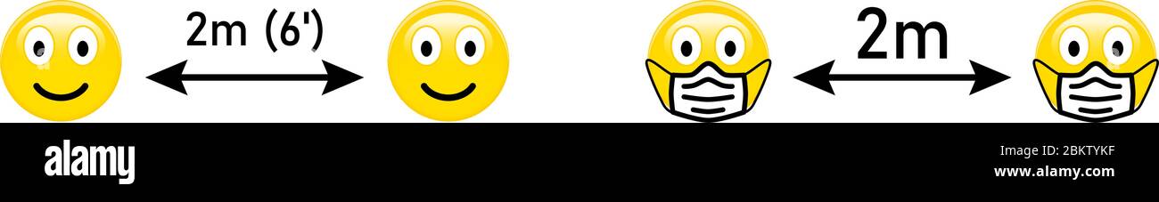 Social distancer emoji - deux visages souriants icônes avec flèche et 2 m / 6 pieds de texte au-dessus. Signe de prévention de l'éclosion du coronavirus covid-19 Illustration de Vecteur