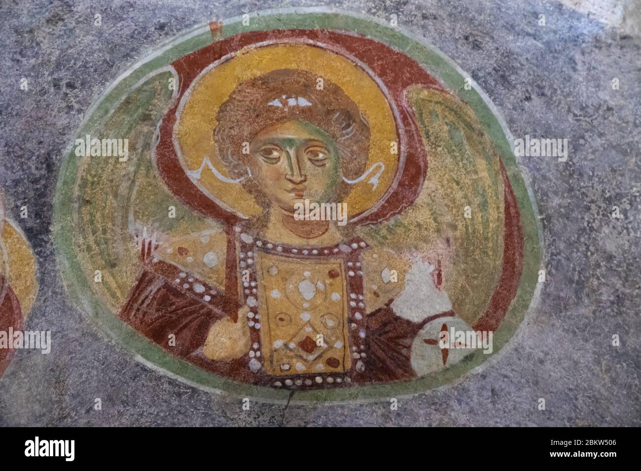Fresques colorées dans l'église Saint-Nicolas le Wonderworker. Ancienne église grecque byzantine de Saint Nicolas située dans la ville moderne de Demre Banque D'Images