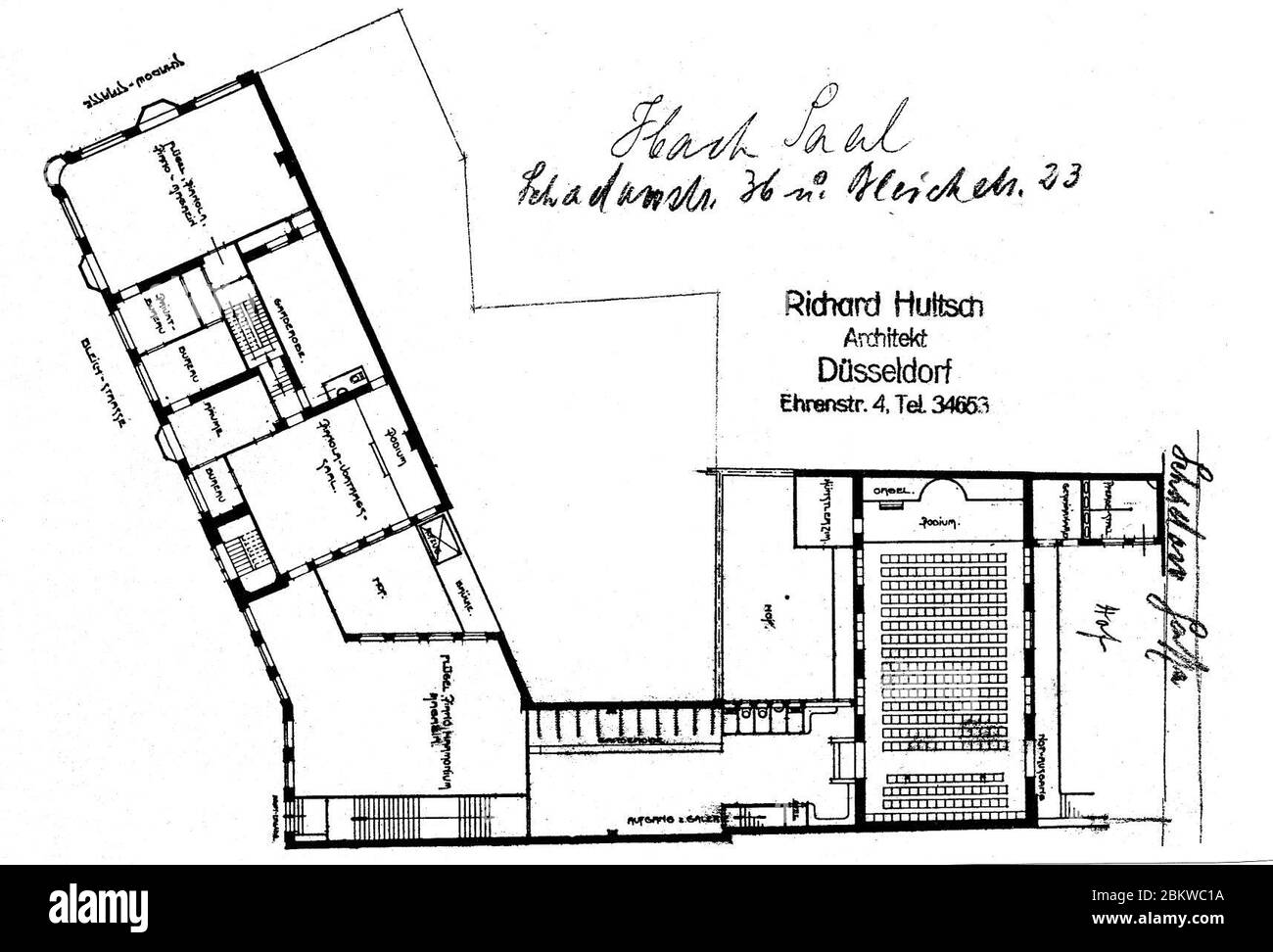 Ibach-Haus, Schadowstraße 52, Düsseldorf, Bauherr Photographie TH. Lantin, erbaut 1900, Architekten Gottfried Wehling und Alois Ludwig, Grundriss mit angebautem Ibach-Saal, Entwurf Architekt Richard Hultsch , 1910. Banque D'Images