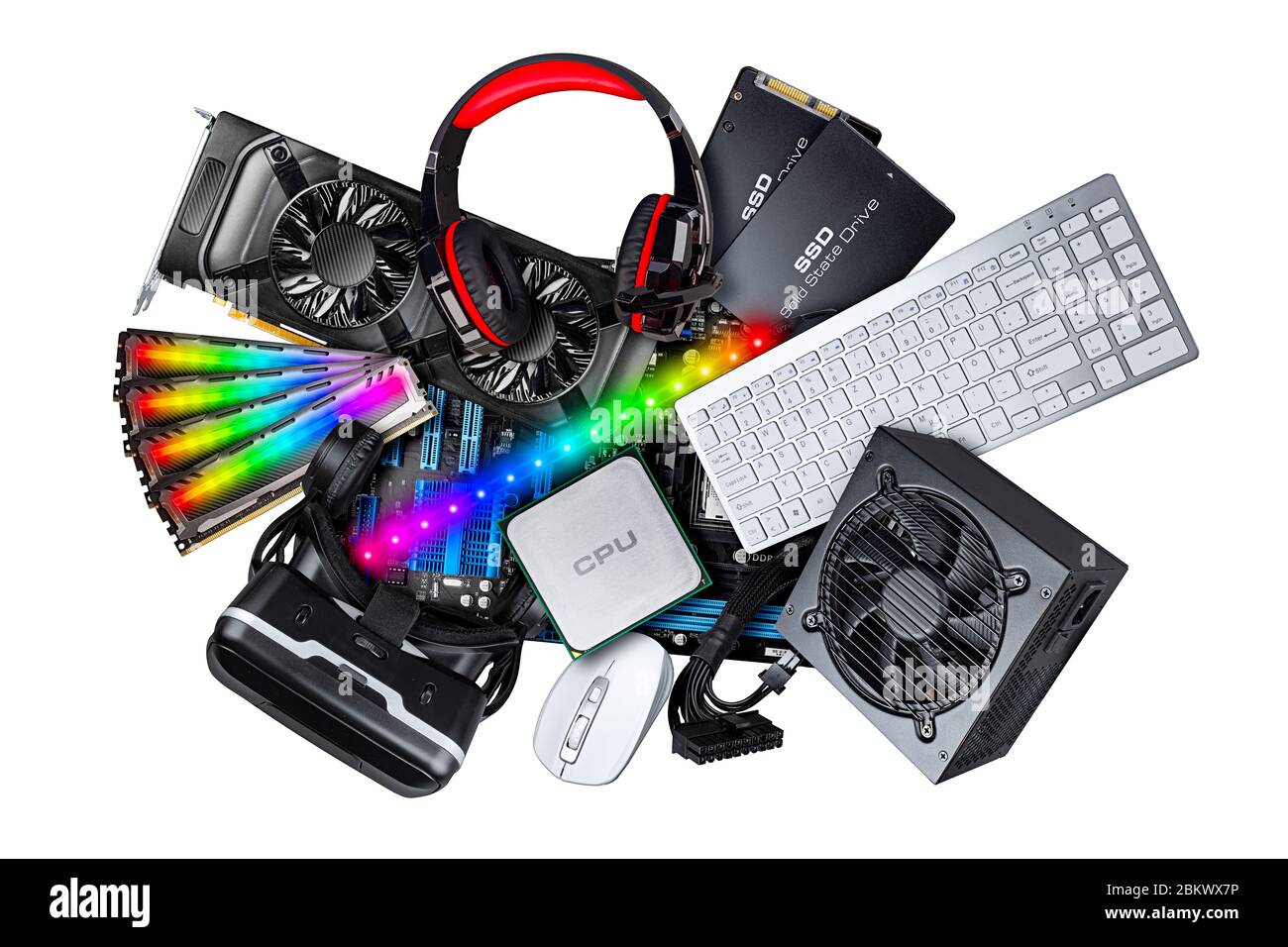 pc ordinateur composants matériel électronique collage. cpu micro processeur carte graphique alimentation ddr ram casque vr lunettes solid state ssd hard dr Banque D'Images