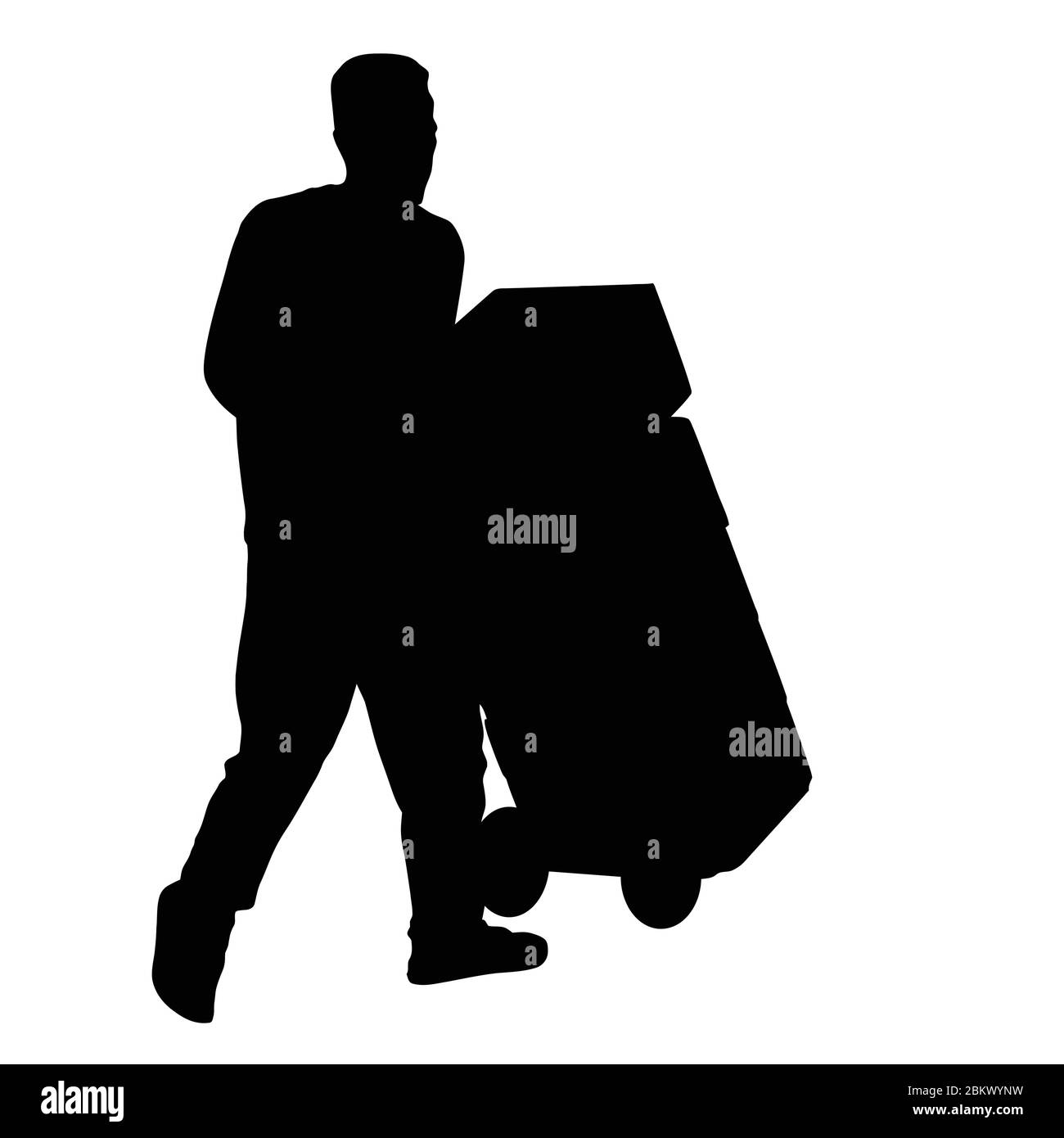 Delivery man carrying boxes silhouette avec un chariot sur fond blanc, vector illustration Illustration de Vecteur