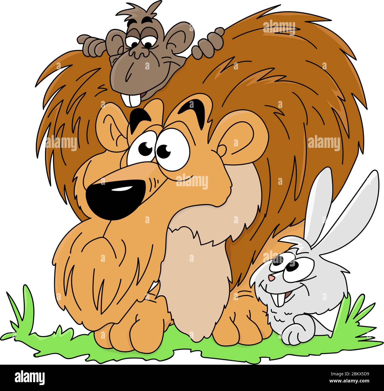 Lion de dessins animés, singe et lapin regardant autour dans l'illustration de vecteur de forêt Illustration de Vecteur