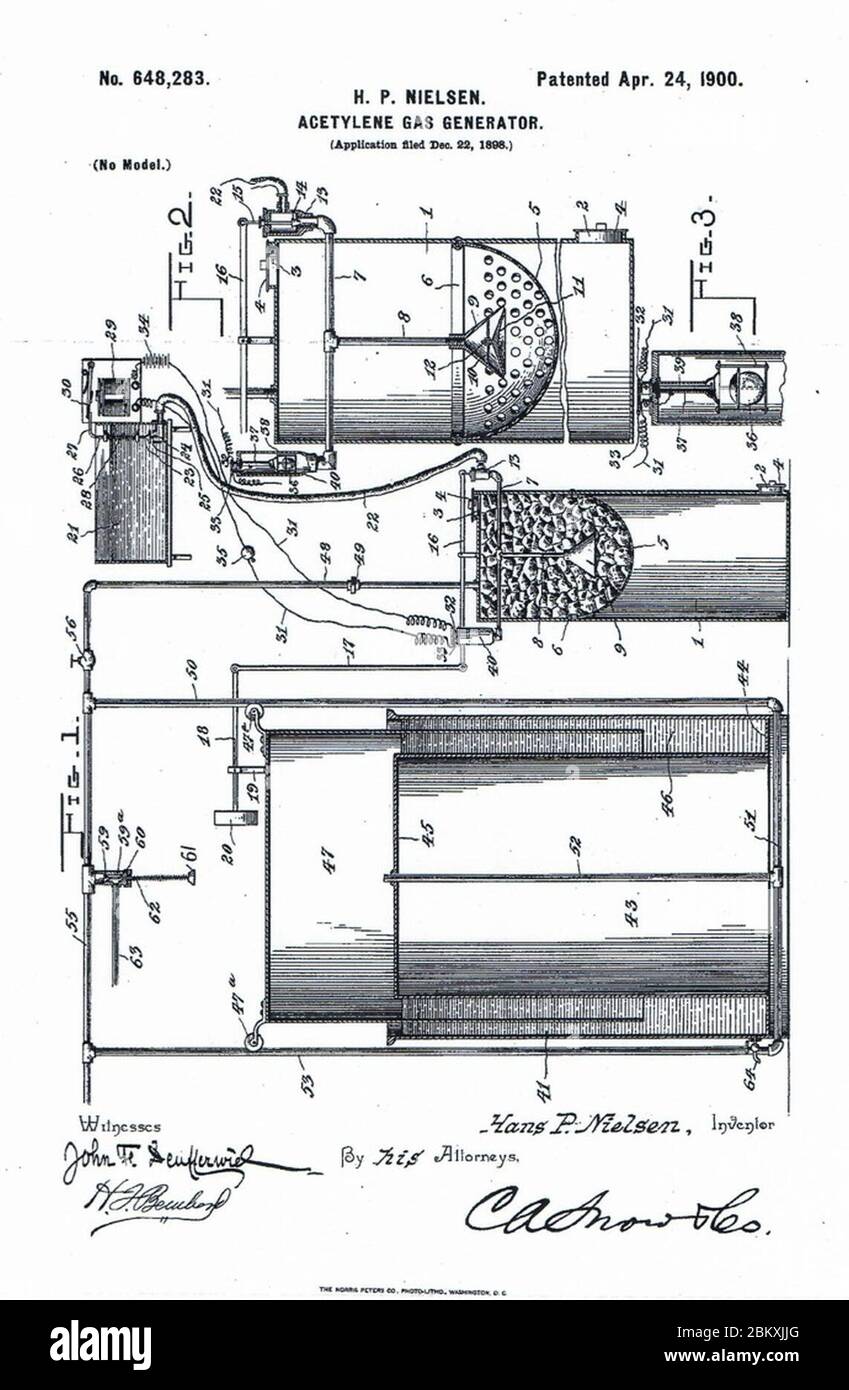 Illustration Générateur de gaz d'acétyline brevet US 648283. Banque D'Images