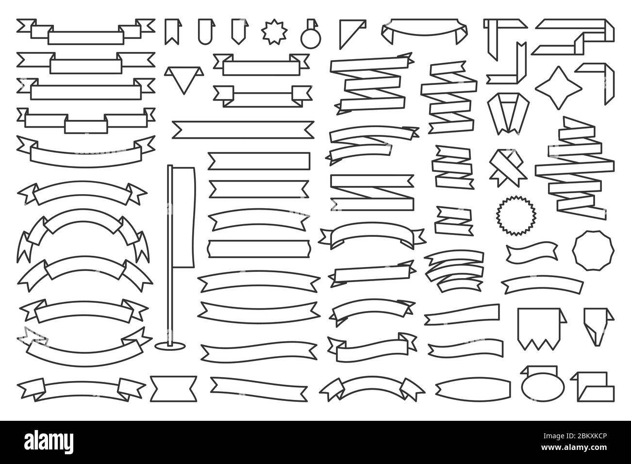 Jeu de rubans à lignes noires. Ruban de bannière décoratif. Vider le modèle de rubans simples de forme différente. Étiquette de prix, étiquette de vente, texte drapeau rétro contour de collection. Isolé sur une illustration vectorielle blanche Illustration de Vecteur
