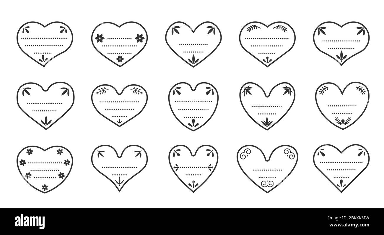 Ensemble d'étiquettes vintage à bordure en forme de coeurs. Outline vierge timbre design signe de Saint Valentin autocollant sur l'amour. Modèle de contour vide de forme différente pour la zone de texte. Isolé sur une illustration vectorielle blanche Illustration de Vecteur