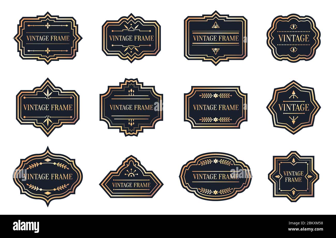 Étiquettes noires rétro avec cadre rose or vintage ensemble. Forme différente bordure vide étiquette menu prix de vente avec éléments décoratifs. Modèle d'emballage pour bannière textuelle, autocollant. Illustration vectorielle isolée Illustration de Vecteur