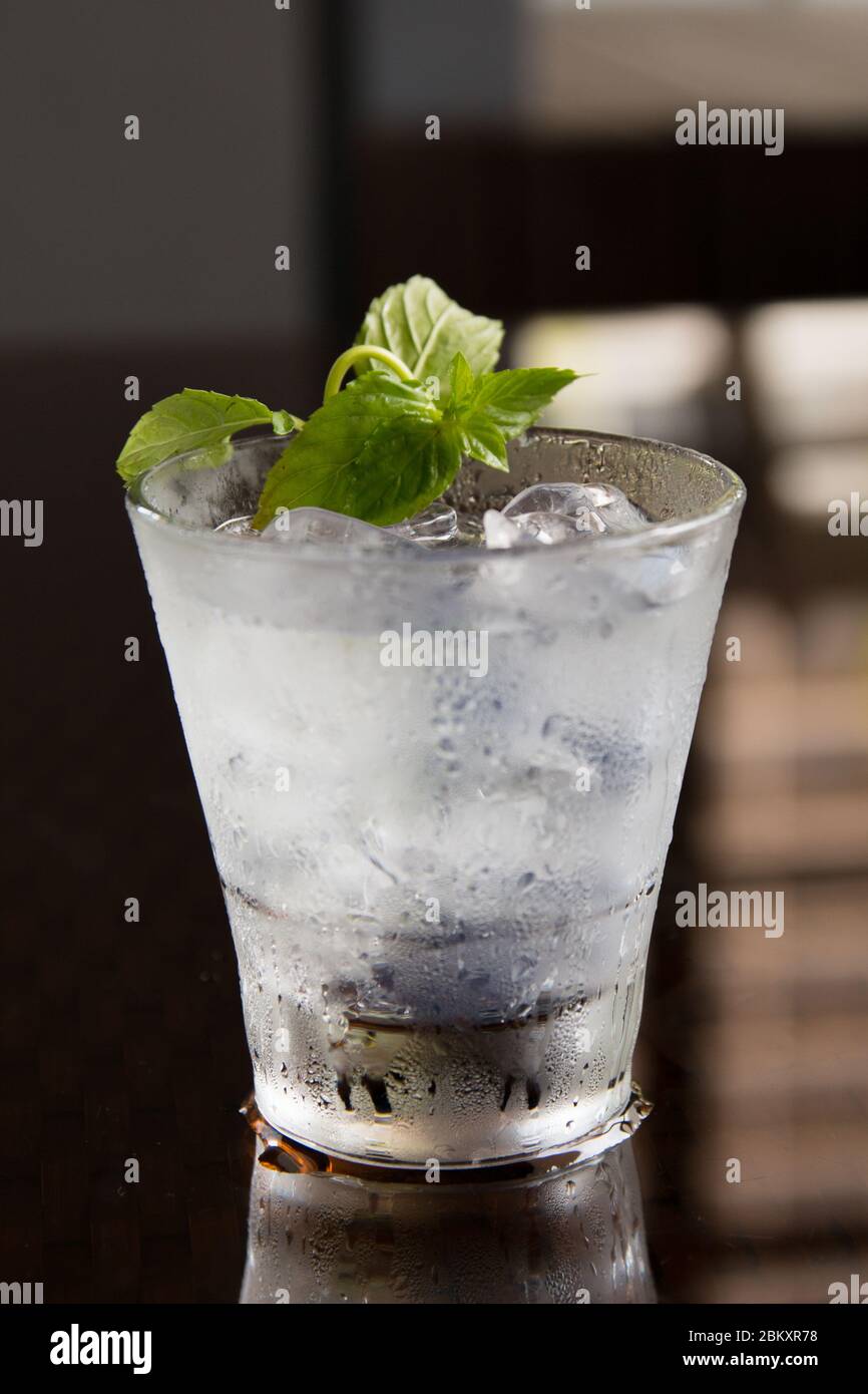 Mojito frais sur fond sombre avec laisse de menthe sur le dessus. Banque D'Images